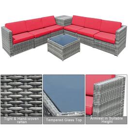 Pefilos - 8 Piece Wicker Sofa Rattan Dinning Set Patio Furniture with Storage Dining Table- Wicker Furniture Conversation Sets - Red