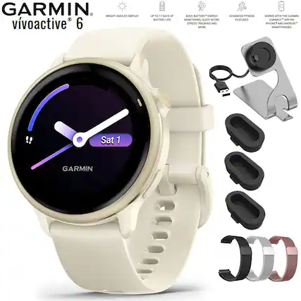 GARMIN vvoactive 6 BRIGHT AMOLED DISPLAY UP TO 11 DAYS OF BATTERY LIFE BODY BATTERY ENERGY MONITORING, SLEEP SCORE, STRESS TRACKING AND MORE ADVANCED FITNESS FEATURES WORKS WITH THE GARMIN CONNECT APP ON PHONE AND ANDROID SMARTPHONES