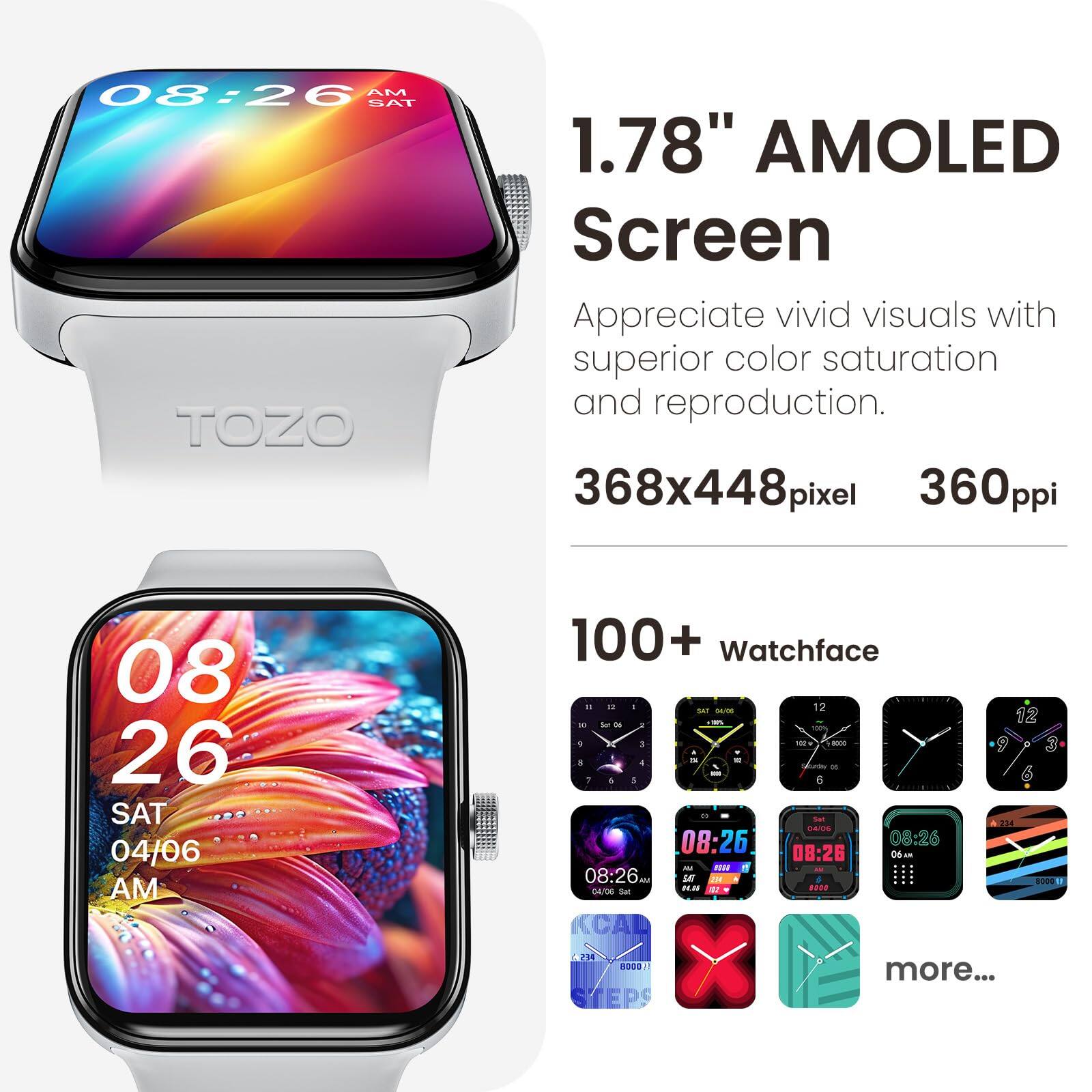 08:26 AM SAT  
1.78" AMOLED Screen  
Appreciate vivid visuals with superior color saturation and reproduction.  
368x448 pixel  
360 ppi  

100+ Watchface  

08:26  
SAT  
04/06  
AM  

more...