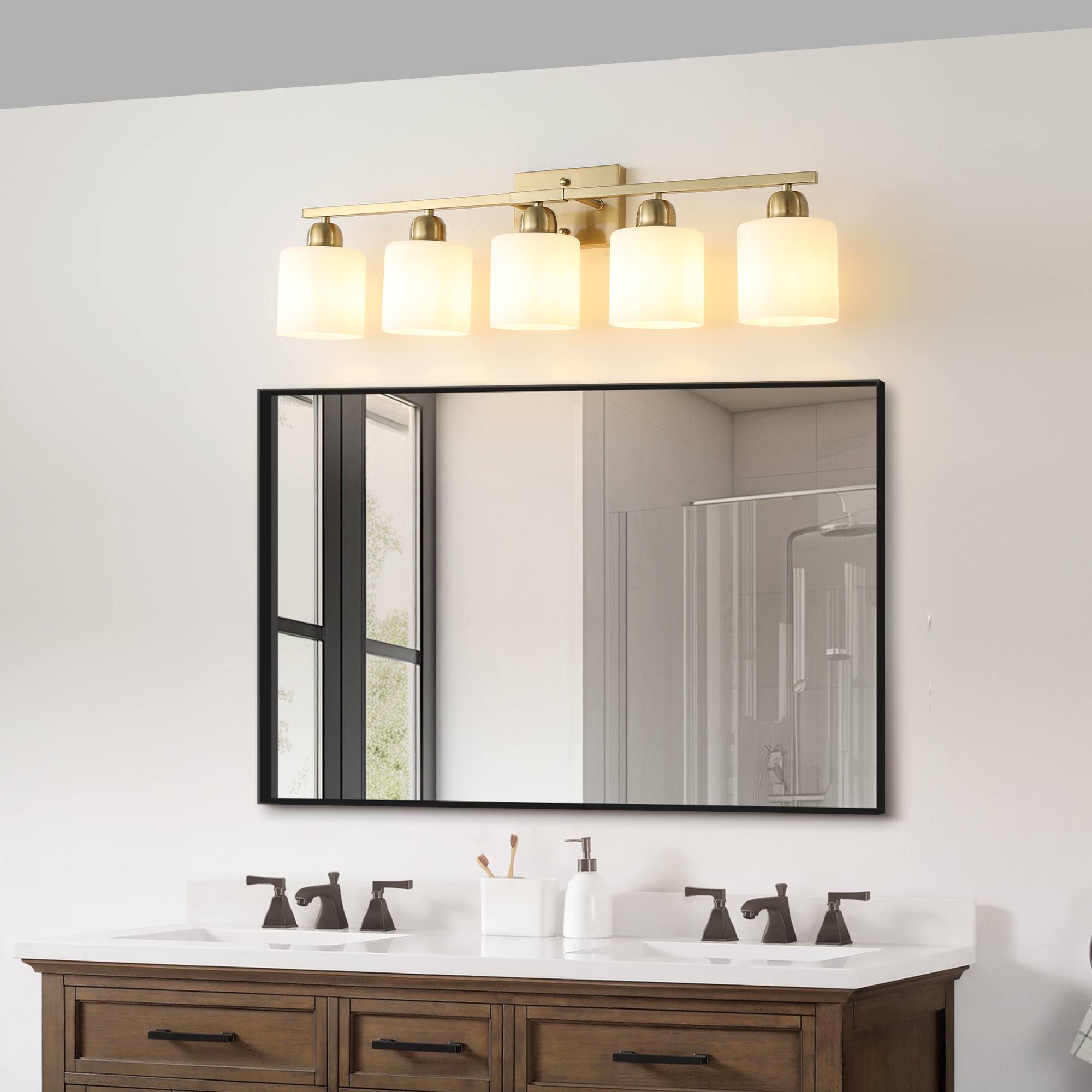 Angle. HOMLUX - 31.5 in. 5 Lights Gold LED Vanity Light Bar with Crystal Shade.