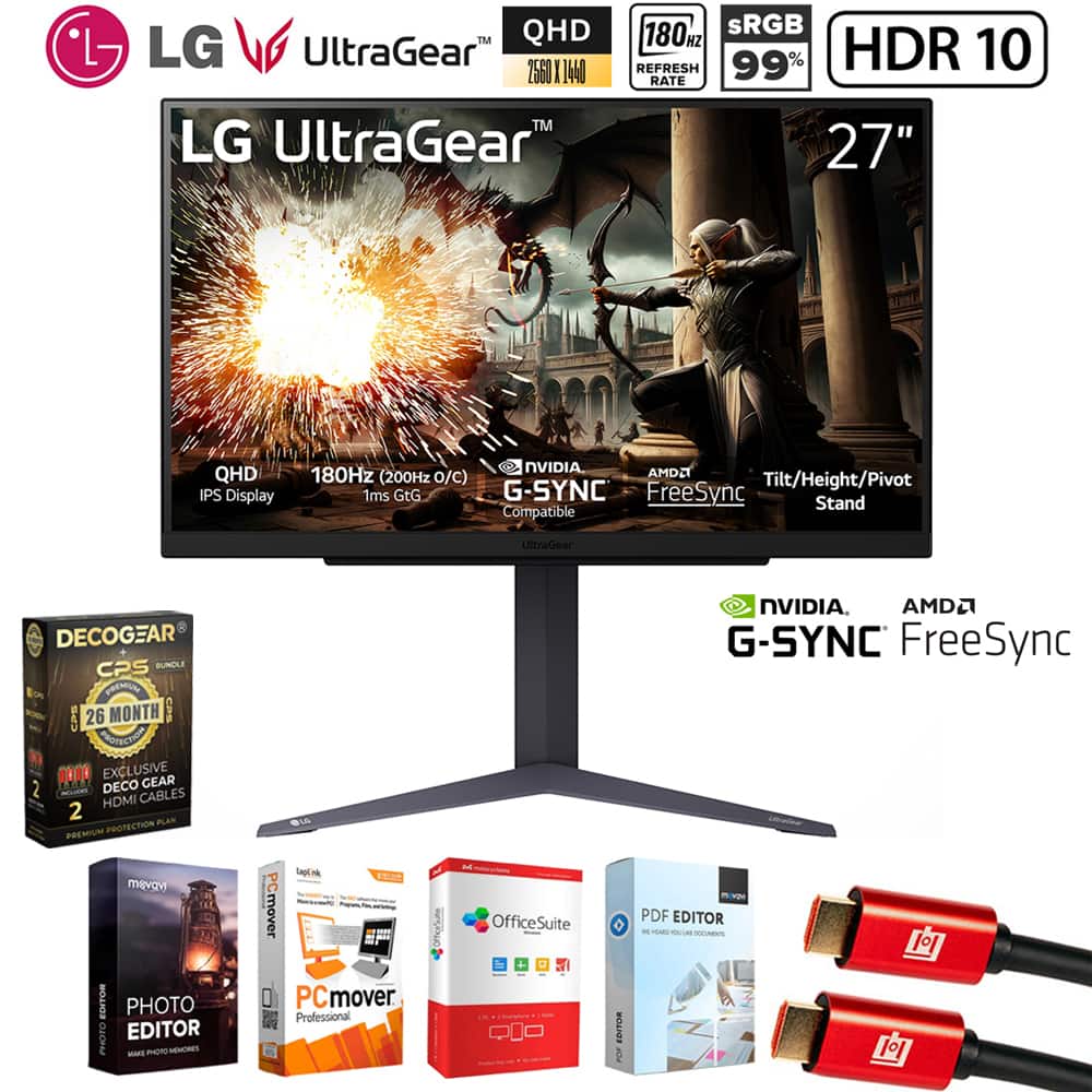 LG - 27 UltraGear QHD 180Hz 1ms IPS Gaming Monitor + 26 Months Protection Bundle
