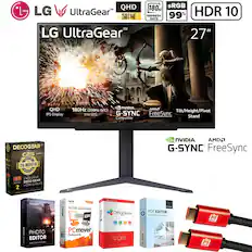 LG UltraGear 27" QHD IPS Display
- QHD (2560 x 1440)
- 180Hz (200Hz O/C)
- 1ms GtG
- NVIDIA G-SYNC Compatible
- AMD FreeSync
- sRGB 99%
- HDR 10
- Tilt/Height/Pivot Stand
- IPS Display
BUNDLE:
- DECOGEAR CPS Bundle
- 26 MONTH WARRANTY
- 2 DECOGEAR HDMI CABLES
- PREMIUM PROTECTION
- mevavi PHOTO EDITOR
- PCmover Professional
- OfficeSuite
- PDF EDITOR
COMPATIBLE WITH:
- NVIDIA
- AMD
