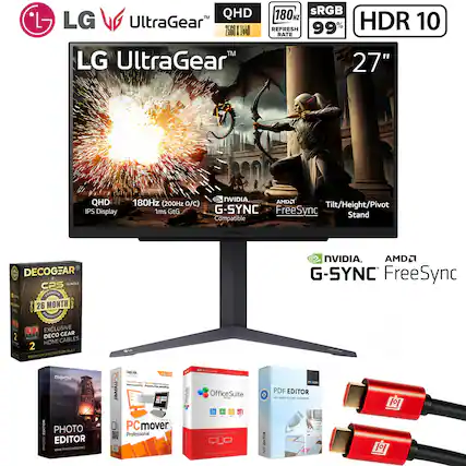 LG UltraGear 27" QHD IPS Display
- QHD (2560 x 1440)
- 180Hz (200Hz O/C)
- 1ms GtG
- NVIDIA G-SYNC Compatible
- AMD FreeSync
- sRGB 99%
- HDR 10
- Tilt/Height/Pivot Stand
- IPS Display
BUNDLE:
- DECOGEAR CPS Bundle
- 26 MONTH WARRANTY
- 2 DECOGEAR HDMI CABLES
- PREMIUM PROTECTION
- mevavi PHOTO EDITOR
- PCmover Professional
- OfficeSuite
- PDF EDITOR
COMPATIBLE WITH:
- NVIDIA
- AMD