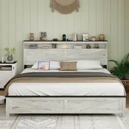 LUCKY ONE - King Size Bed Frame with Wooden Headboard, Hidden Under-Bed Storage, USB Charging Station, No Box Spring Needed - Antique grey white