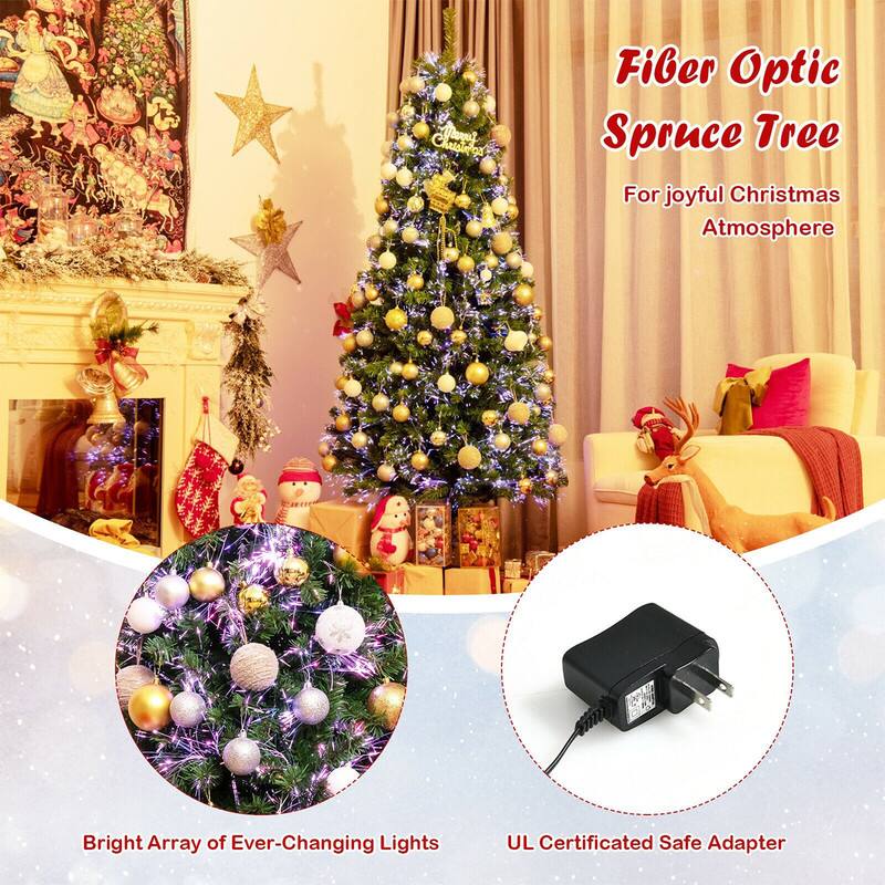 Christolos Abous  
Fiber Optic Spruce Tree  
For joyful Christmas Atmosphere  
Bright Array of Ever-Changing Lights  
UL Certificated Safe Adapter