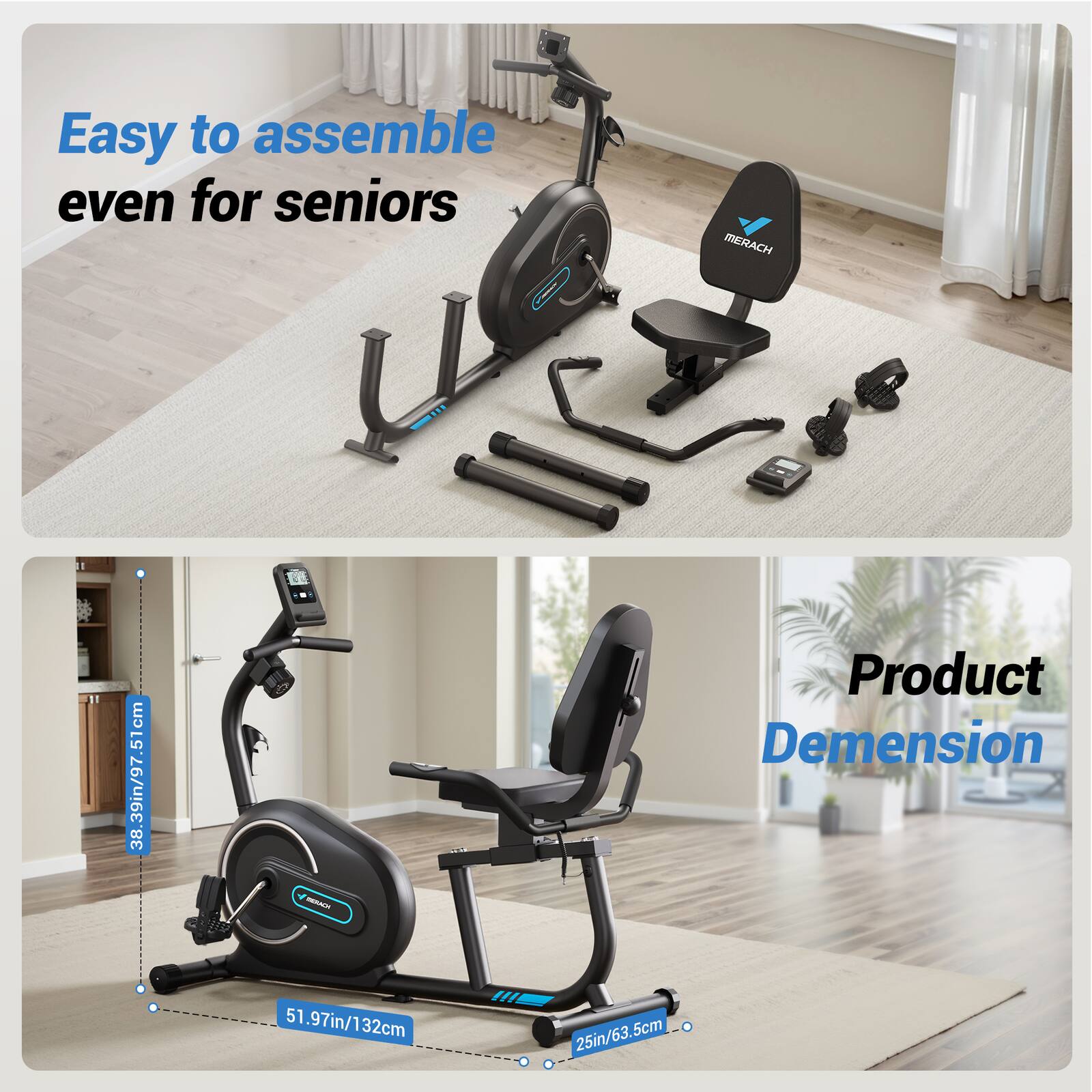 Easy to assemble even for seniors. MERACH 38.39in/97.51cm - Product Dimension: 51.97in/132cm x 25in/63.5cm.