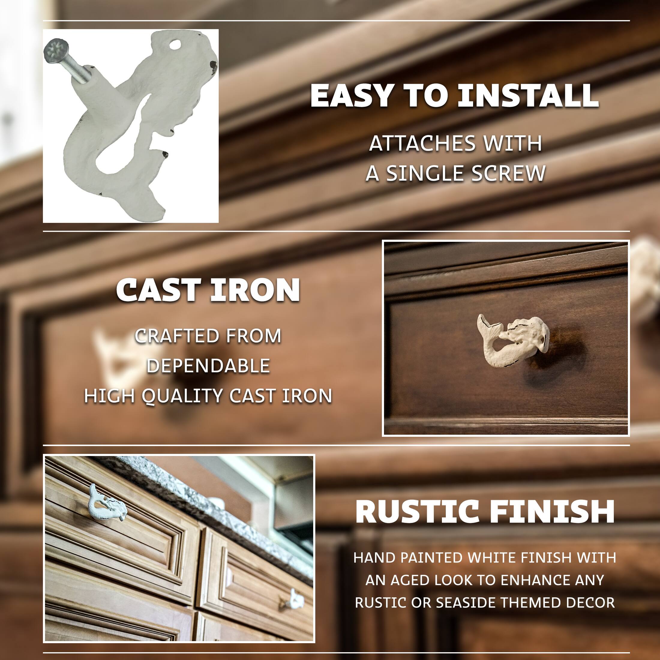 EASY TO INSTALL  
ATTACHES WITH A SINGLE SCREW  

CAST IRON  
CRAFTED FROM DEPENDABLE HIGH QUALITY CAST IRON  

RUSTIC FINISH  
HAND PAINTED WHITE FINISH WITH AN AGED LOOK TO ENHANCE ANY RUSTIC OR SEASIDE THEMED DECOR