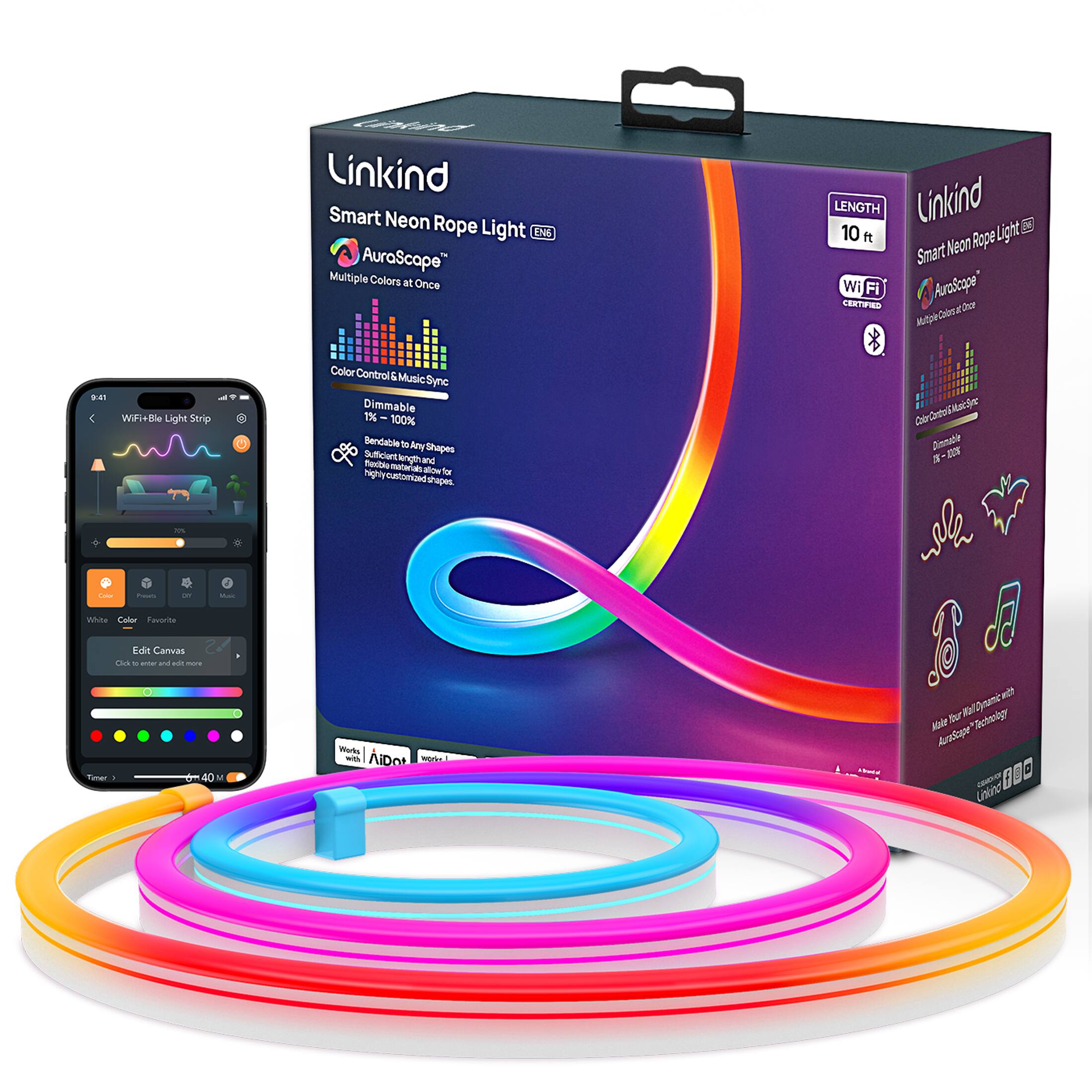 Linkind Smart Neon Rope Light EN AuraScope™  
Multiple Colors at Once  
LENGTH 10 ft  

WiFi+BLE Light Strip  
Color Control & Music Sync  
Dimmable 1% - 100%  
Bendable to Any Shapes  
Sufficient Light for Any Shape  
Highly Flexible  
Works with Alexa, Google Assistant  

WiFi+BLE Light Strip  
Color Control & Music Sync  
Dimmable 1% - 100%  
Bendable to Any Shapes  
Sufficient Light for Any Shape  
Highly Flexible  
Works with Alexa, Google Assistant  

Make Your World Dynamic with AuraScope™ Technology  

WiFi CERTIFIED