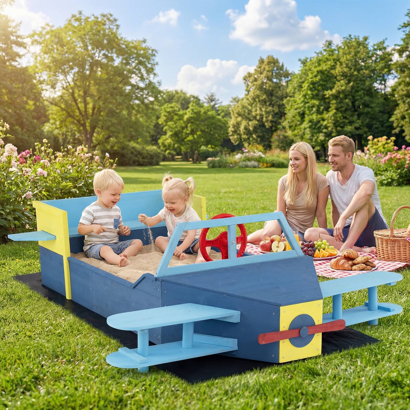 Alt View 4. Costway - Costway Large Wooden Kids Sandbox with Bottom Liner, Glider-Shape Outdoor Sand Box - Blue.