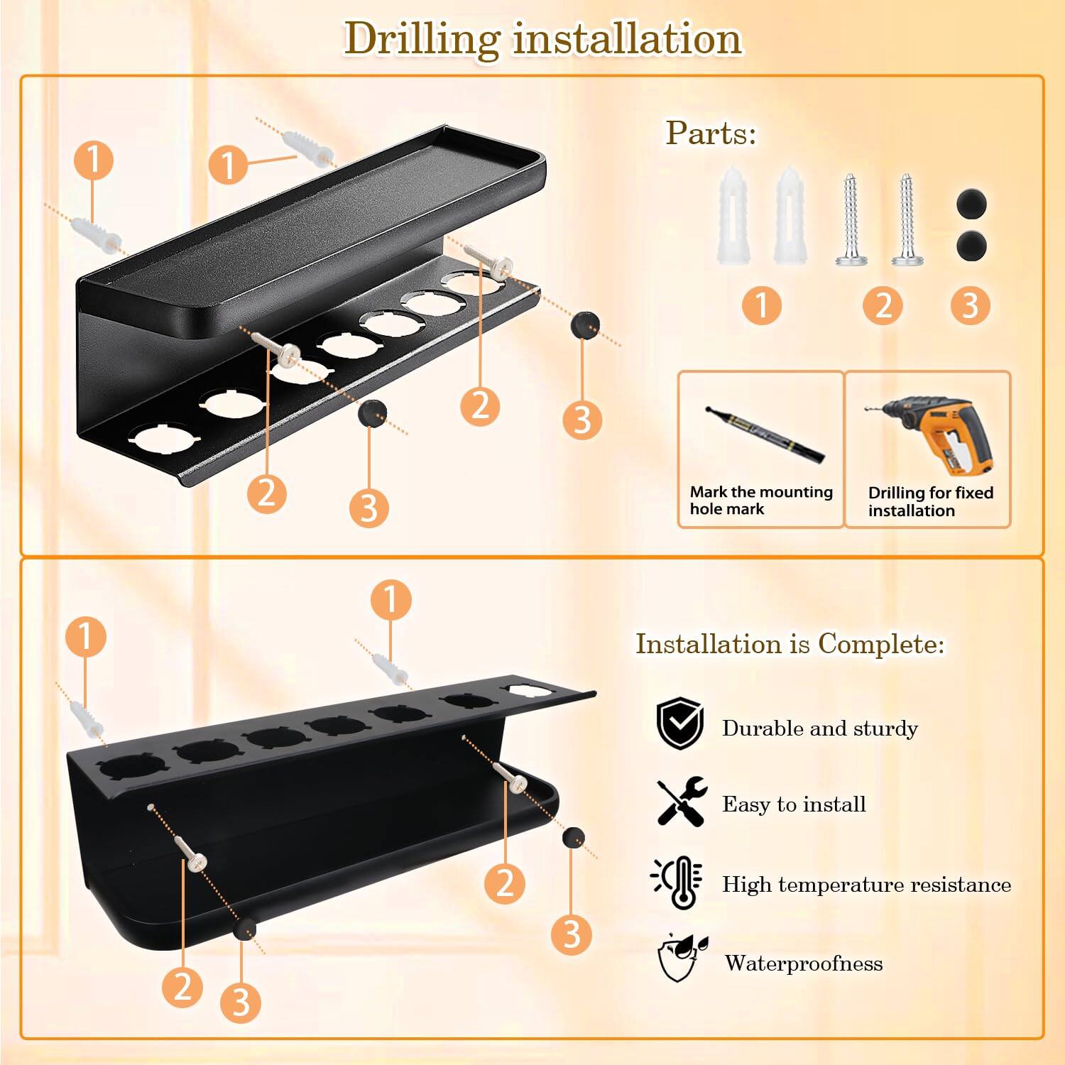**Drilling Installation**

**Parts:**
1. Screws
2. Washers
3. Nuts

**Steps:**
1. Mark the mounting hole mark
2. Drilling for fixed installation

**Installation is Complete:**
- Durable and sturdy
- Easy to install
- High temperature resistance
- Waterproofness