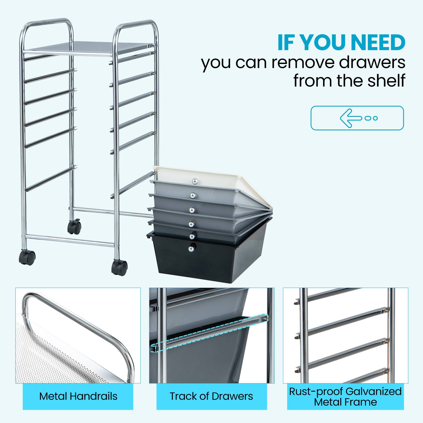 IF YOU NEED  
you can remove drawers from the shelf  

Metal Handrails  
Track of Drawers  
Rust-proof Galvanized Metal Frame