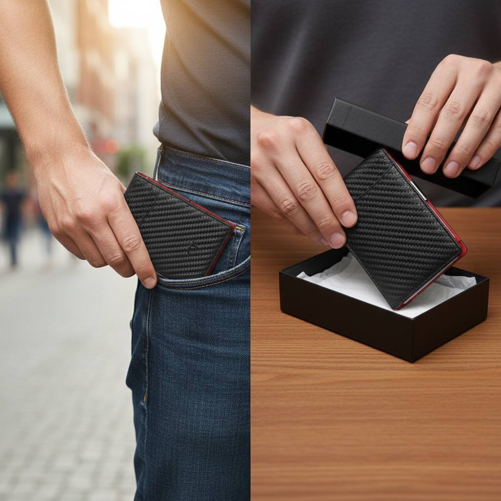 Alt View 1. ZUQIETA - ZUQIETA Novelty Gift Set - Slim RFID Blocking Bifold Wallet with 11 Card Slots for Front Pocket - Carbon Black n Red.