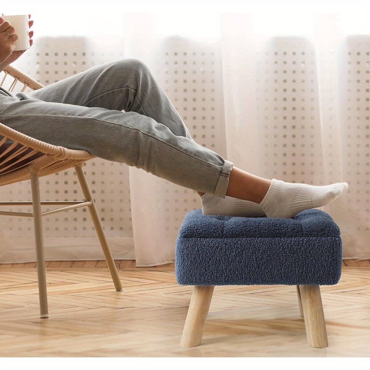 Alt View 2. Oumilen - Navy Blue Tufted Teddy Fleece Storage Ottoman – 4 Natural Wood Legs Multifunctional Bench for Entryway Bedroom - Blue.
