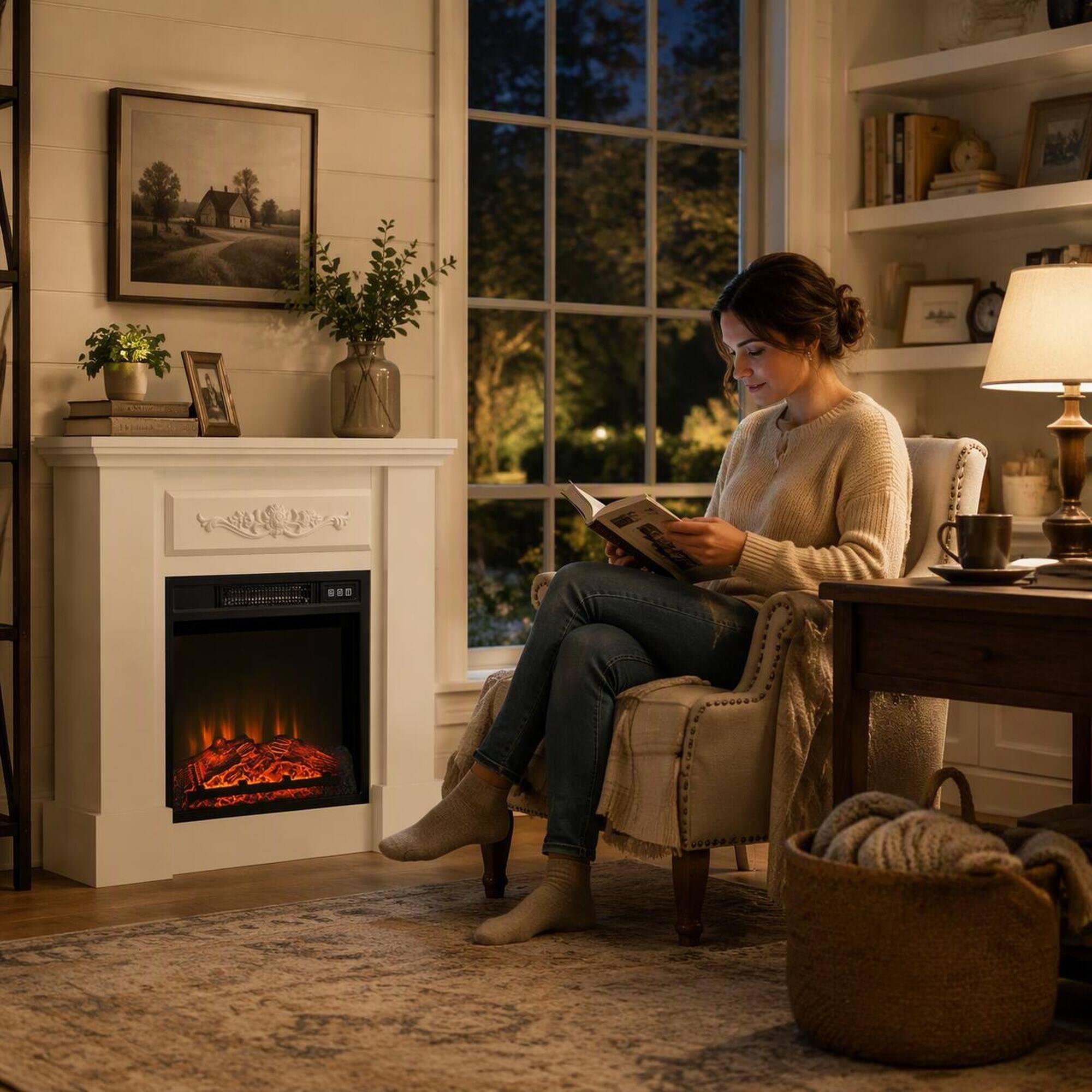 Left. RYHNUYNE - 32-Inch Electric Fireplace with Mantel, Freestanding Heater with Realistic LED Log Flame, 1400W, Overheat Protection - White.