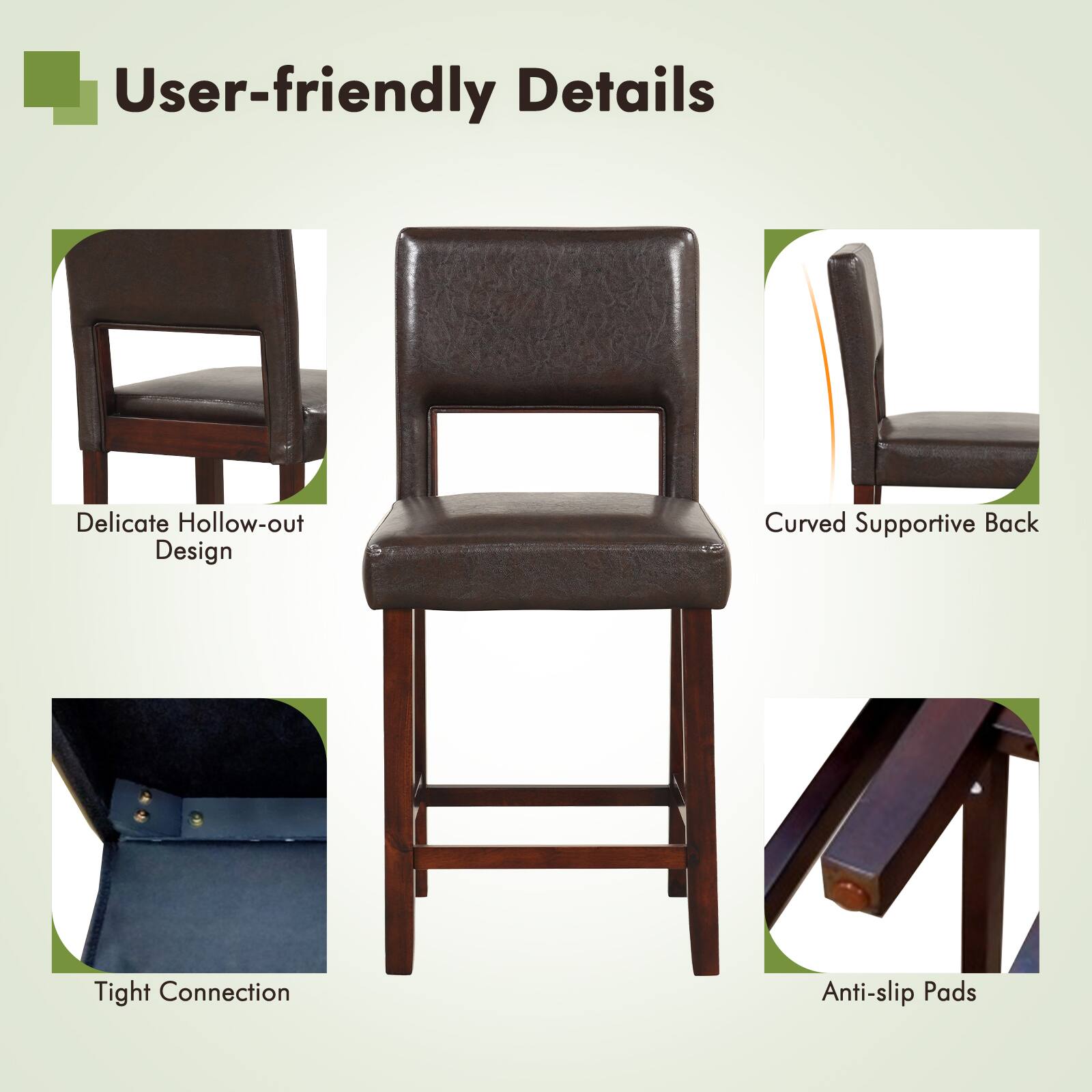 User-friendly Details

Delicate Hollow-out Design
Curved Supportive Back
Tight Connection
Anti-slip Pads