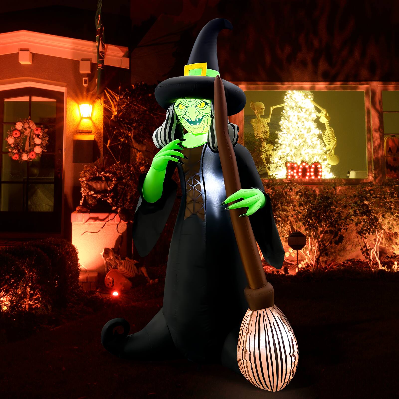 Angle. GOOSH Inflatables - GOOSH 6FT Inflatable Witch with Broom – Light-Up Halloween Yard Decoration - Black.