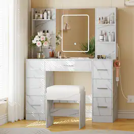 GARVEE - Vanity Desk with Mirror, Touch LED, Chair, Power Outlet, 7 Drawers & Storage Shelves for Bedroom - Marble White