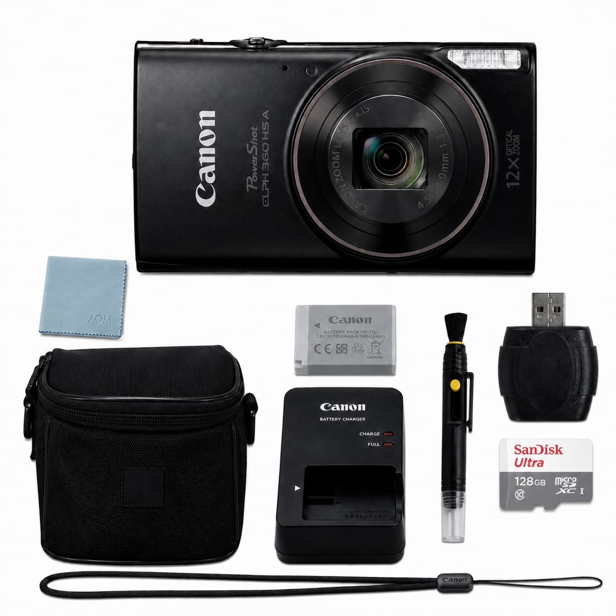 Canon PowerShot ELPH 360 HS  
2x IS Lens  
12x Optical Zoom  
Canon Battery Pack NB-11L  
Canon Battery Charger  
SanDisk Ultra 128 GB microSDXC I  
Canon Camera Bag