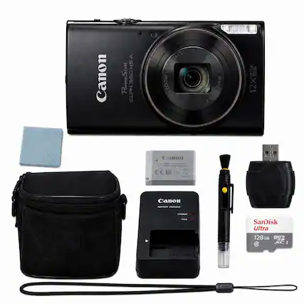 Canon PowerShot ELPH 360 HS
2x IS Lens
12x Optical Zoom
Canon Battery Pack NB-11L
Canon Battery Charger
SanDisk Ultra 128 GB microSDXC I
Canon Camera Bag