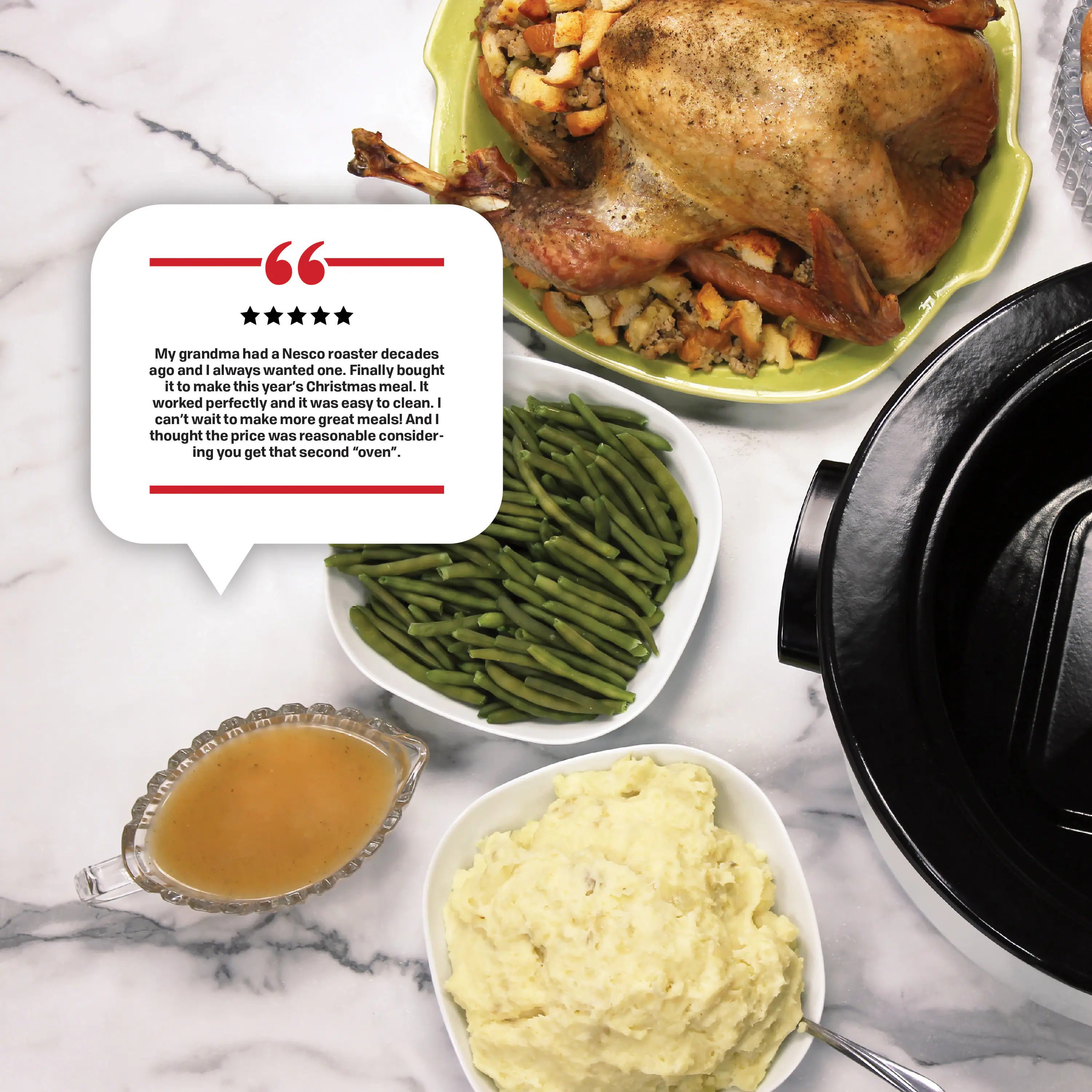 My grandma had a Nesco roaster decades ago and I always wanted one. Finally bought it to make this year's Christmas meal. It worked perfectly and it was easy to clean. I can't wait to make more great meals! And I thought the price was reasonable considering you get that second "oven".
