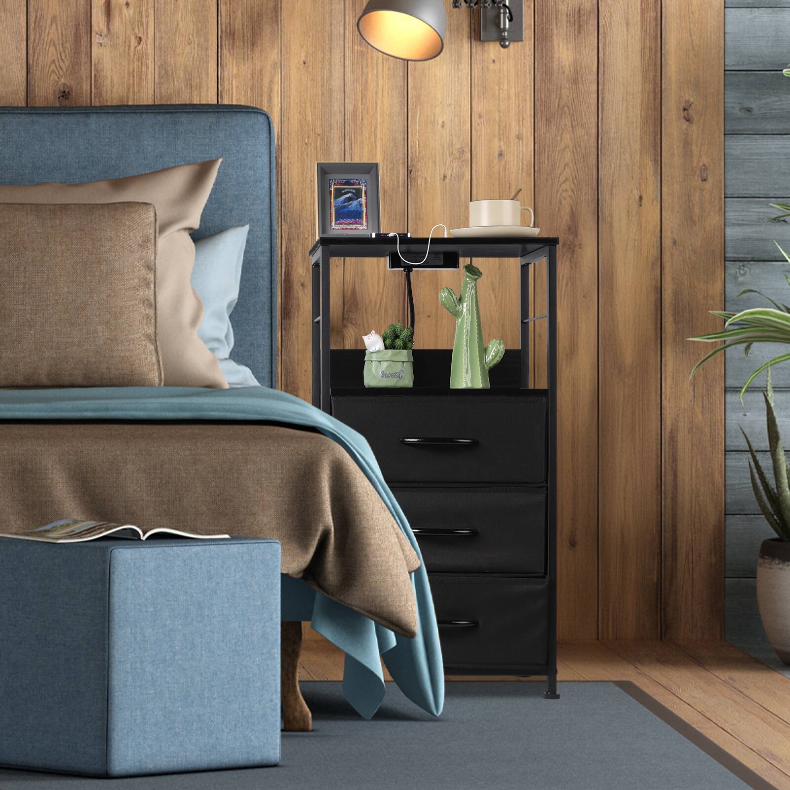 Alt View 1. Oumilen - Nightstand with 3 Fabric Drawers and Charging Station, Black - Black.