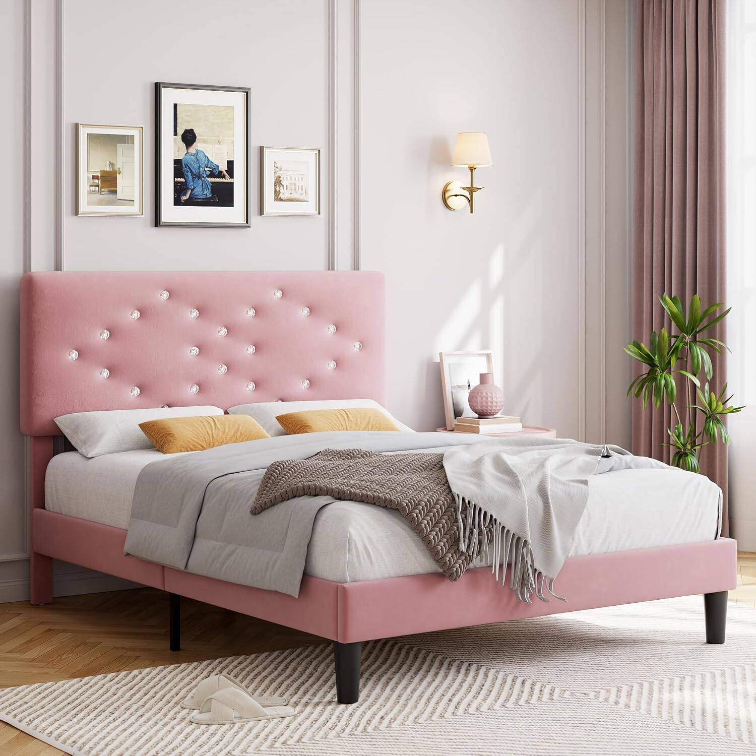 Angle. Jojoka - Pink Queen Bed Frame, Upholstered Platform with Button Tufted Headboard, Under-Bed Storage, No Box Spring Needed - Pink.