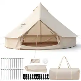 Costway - 13.5 ft Bell Tent with Stove Jack, Mesh Windows & Doors, Accommodates 4-6 Person - Beige