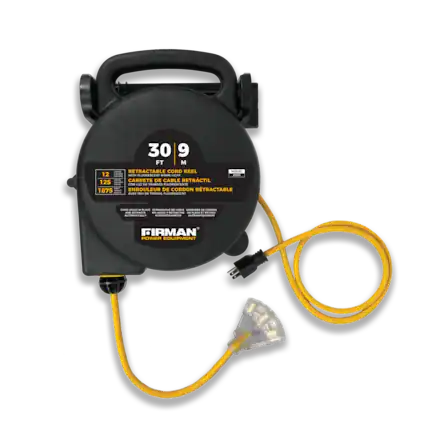 30 FT / 9 M RETRACTABLE CORD REEL
12 AWG
125 FT
1875 W
WITH FLUORESCENT WORK LIGHT
CON UZ DE TRABAJO FLUORESCENTE
ENROULEUR DE CORDON RETRACTABLE AVEC LUMIÈRE FLUORESCENTE
CORD LOCKS IN PLACE
CERRADURA DE CABLE
SERIE DE CORDON
MODEL 2035
FIRMAN POWER EQUIPMENT