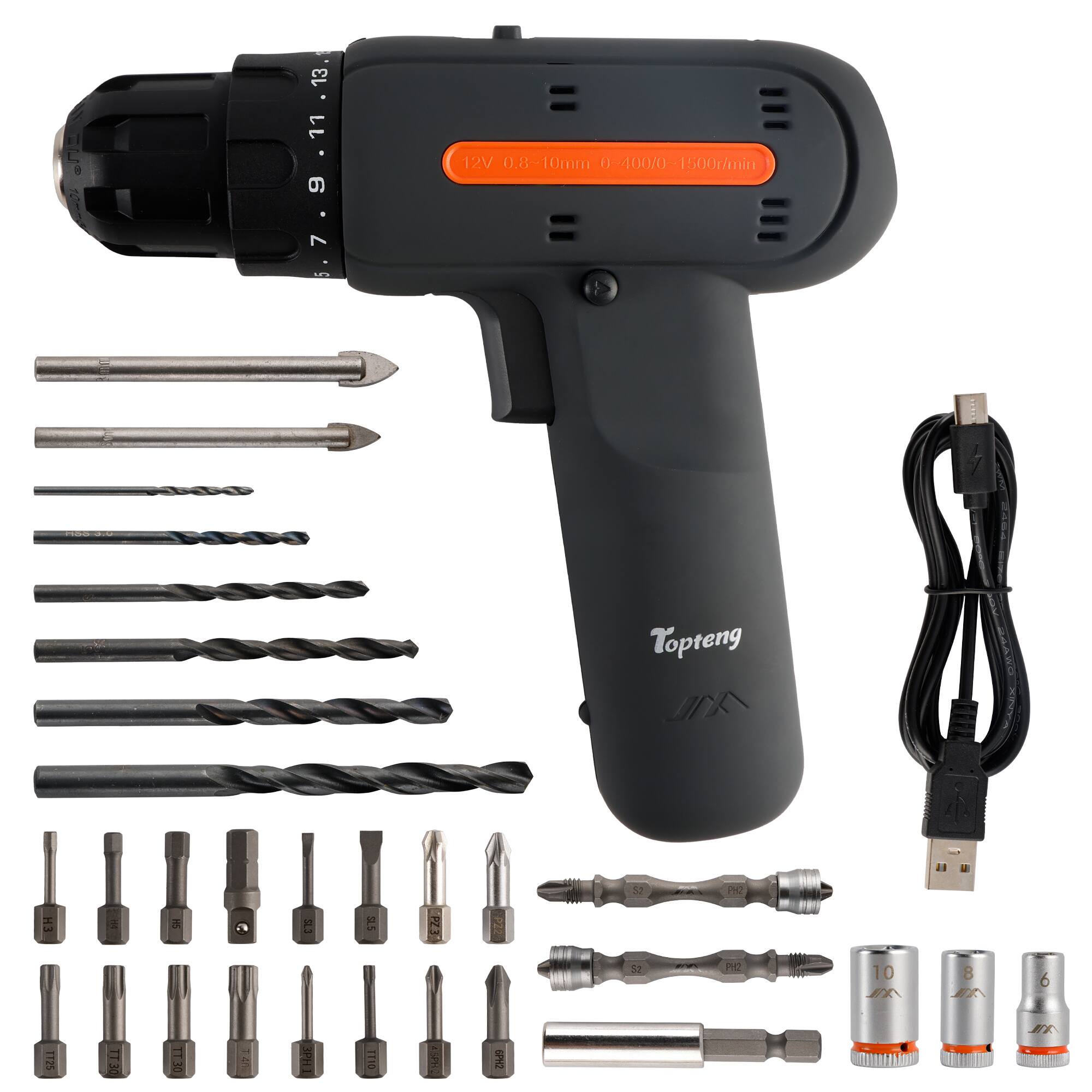 Sure, here is the corrected and grouped text from the image:

**Drill Specifications:**
- 12V 0.8-10mm
- 0-400/0-1500r/min

**Brand:**
- Topeng

**Additional Text:**
- PZ3
- 32
- 10
- 8
- 6
- 1725
- TT30
- WFE
- THAt
- TT10
- SPH
- 6P2

**Drill Bits and Accessories:**
- Various sizes and types of drill bits and accessories are shown, but specific sizes and types are not clearly readable in the image.