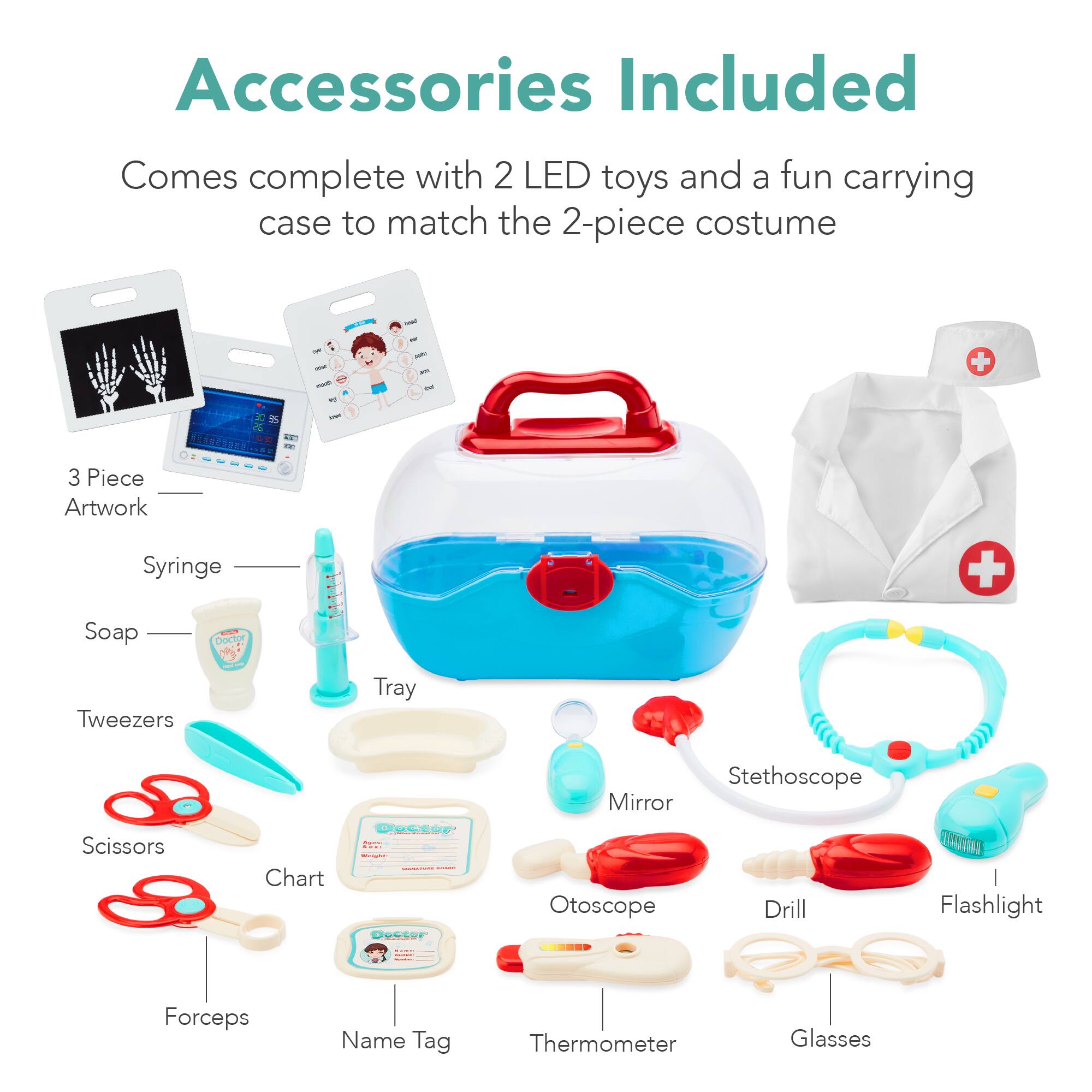 Accessories Included

Comes complete with 2 LED toys and a fun carrying case to match the 2-piece costume

- 3 Piece Artwork
- Syringe
- Soap
- Tweezers
- Scissors
- Chart
- Forceps
- Name Tag
- Thermometer
- Glasses
- Tray
- Mirror
- Otoscope
- Drill
- Stethoscope
- Flashlight