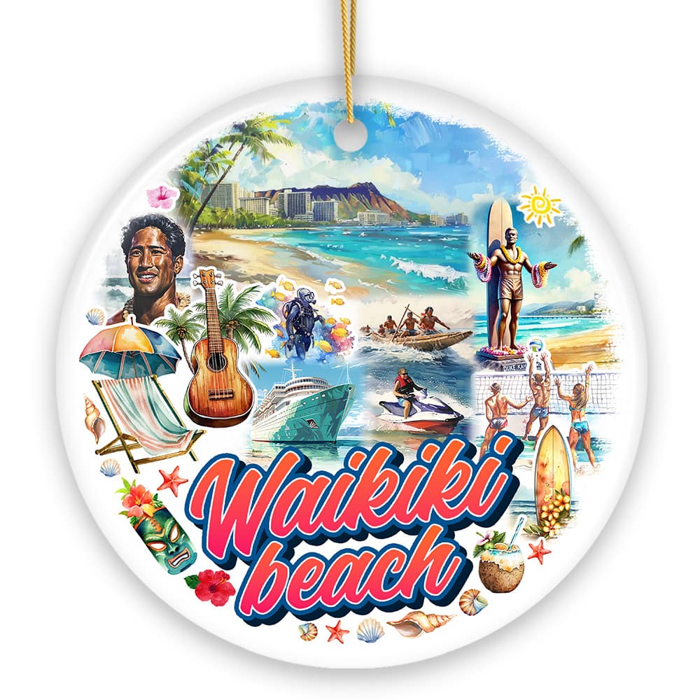 OrnamentallyYou - Waikiki Beach Hawaiian Paradise Ornament Pacific Island Christmas Gift and Souvenir Circle - Multi-colored