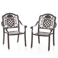 Costway 2 PCS Patio Cast Aluminum Chairs Outdoor Metal Armchairs with Ergonomic Curved Seat - Red Copper - Front_Zoom