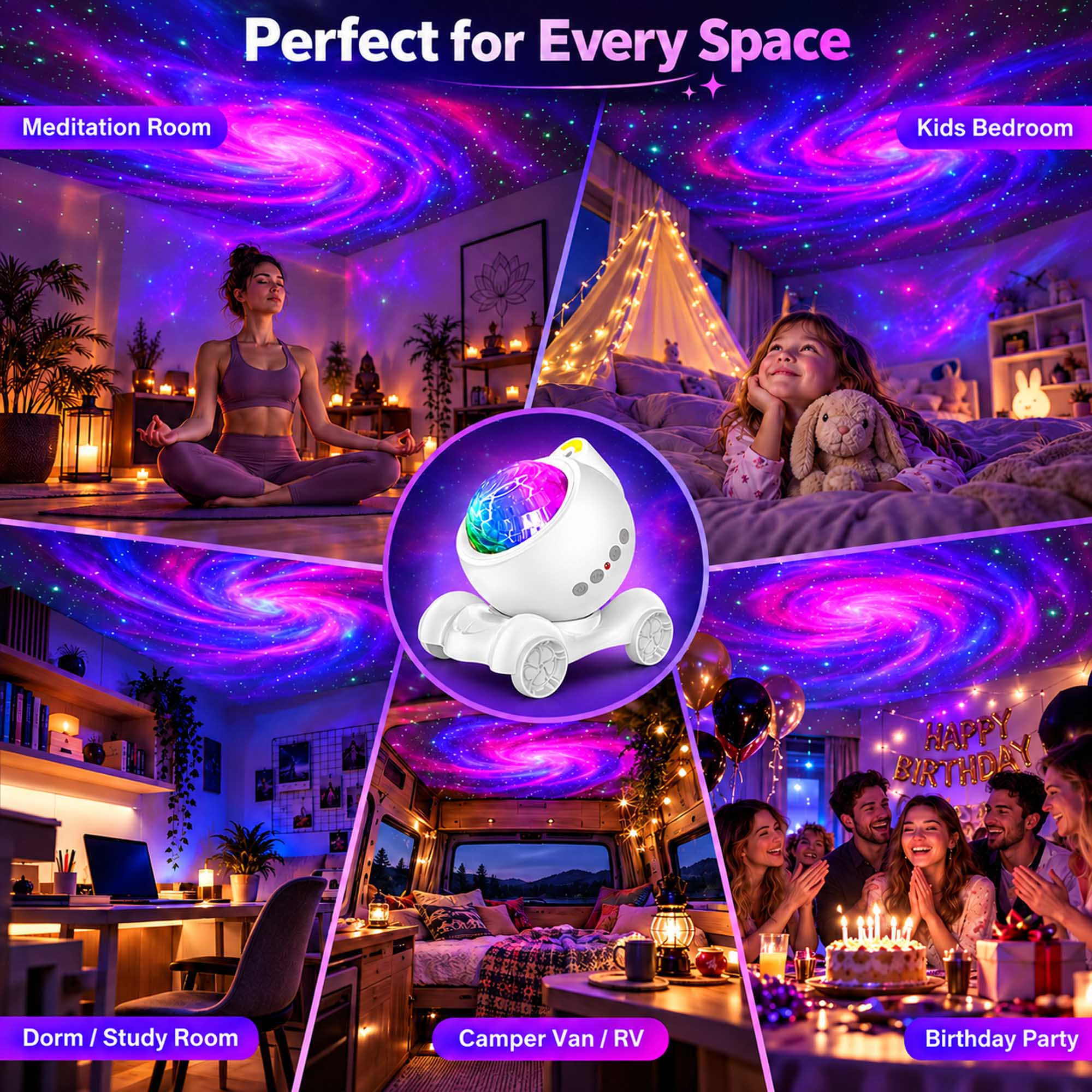 Perfect for Every Space

- Meditation Room
- Kids Bedroom
- Dorm / Study Room
- Camper Van / RV
- Birthday Party