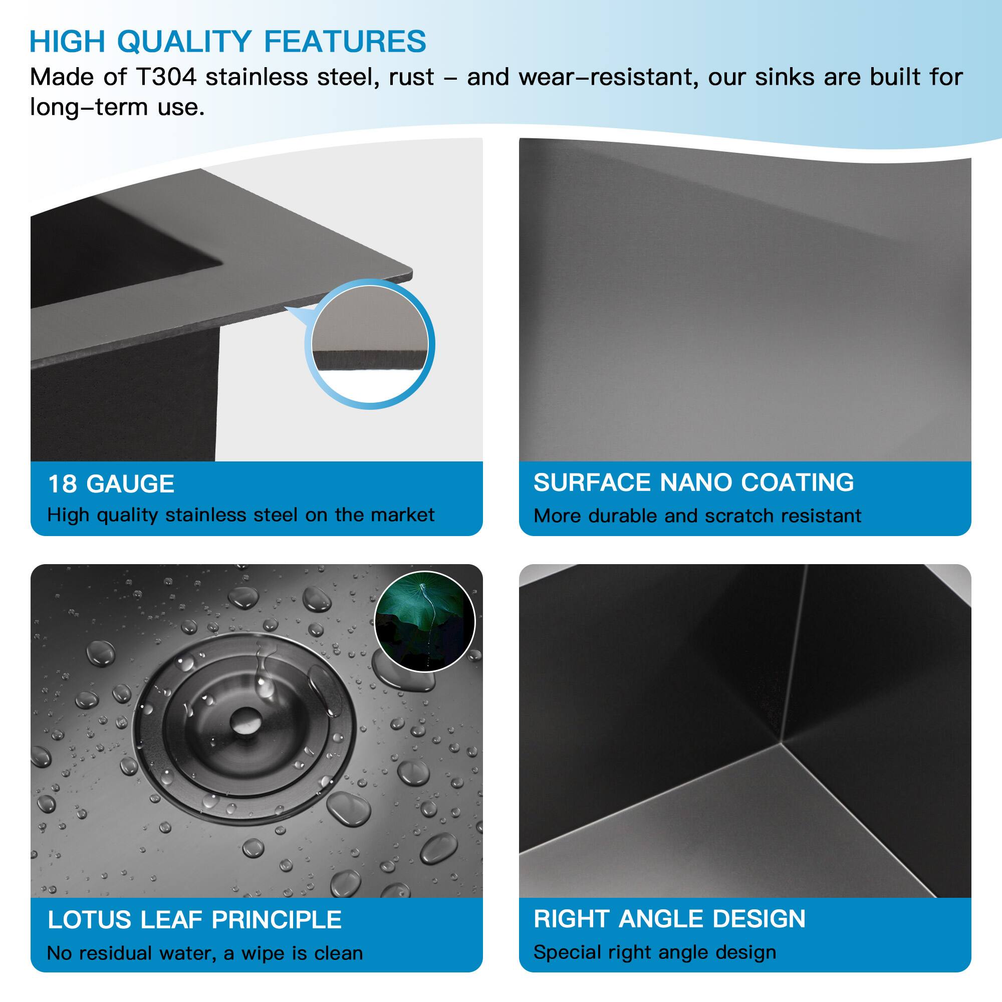 **HIGH QUALITY FEATURES**  
Made of T304 stainless steel, rust- and wear-resistant, our sinks are built for long-term use.

**18 GAUGE**  
High quality stainless steel on the market

**SURFACE NANO COATING**  
More durable and scratch resistant

**LOTUS LEAF PRINCIPLE**  
No residual water, a wipe is clean

**RIGHT ANGLE DESIGN**  
Special right angle design