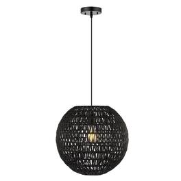 Jonathan Y - Luna 15.75" 1-Light Bohemian Modern Woven Rattan/Iron LED Pendant - Black