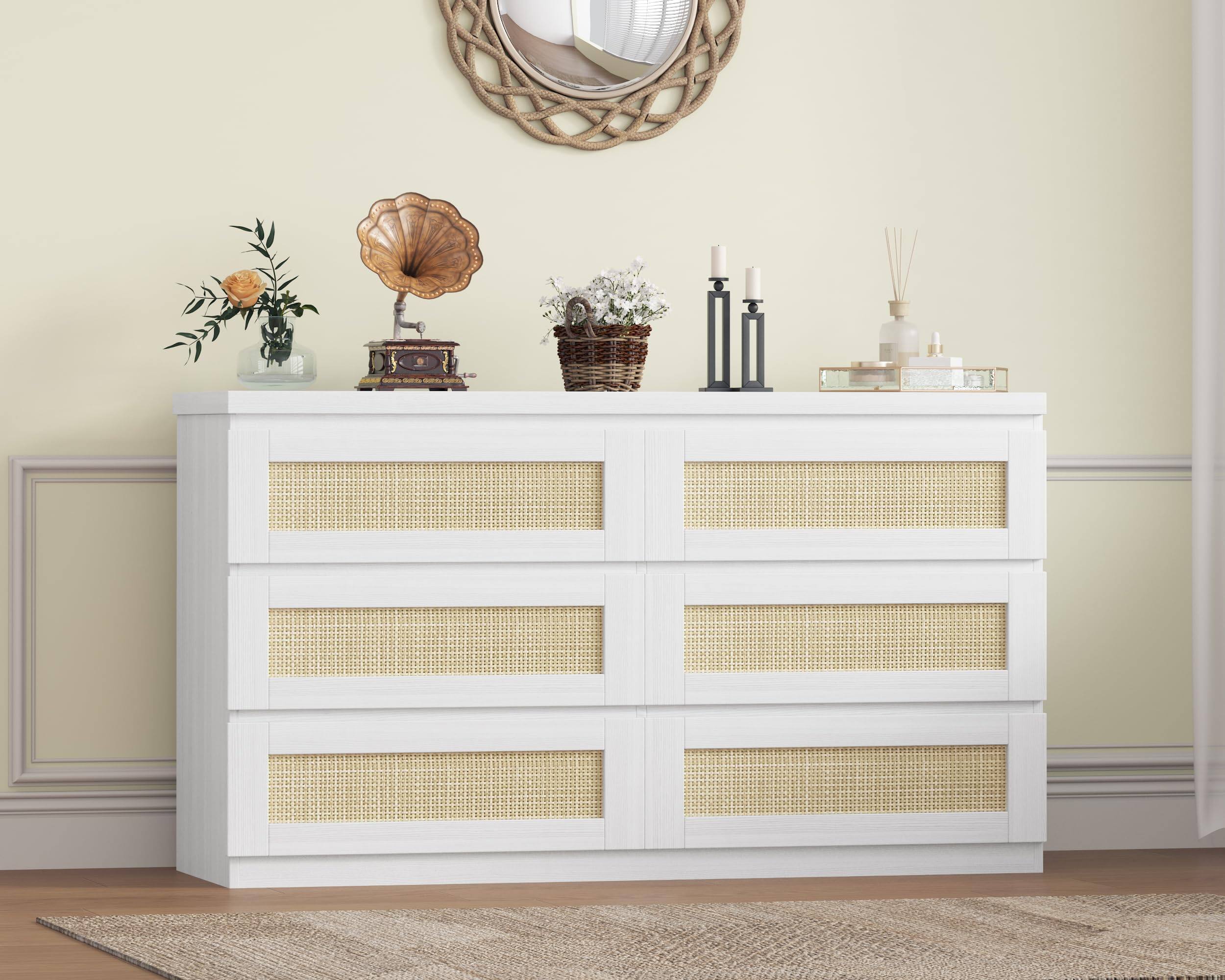 Front. GARVEE - Rattan Dresser for Bedroom, Modern 6 Drawer Double Dresser, Wood Boho Dressers, Wood Storage Chest of Drawers - White.