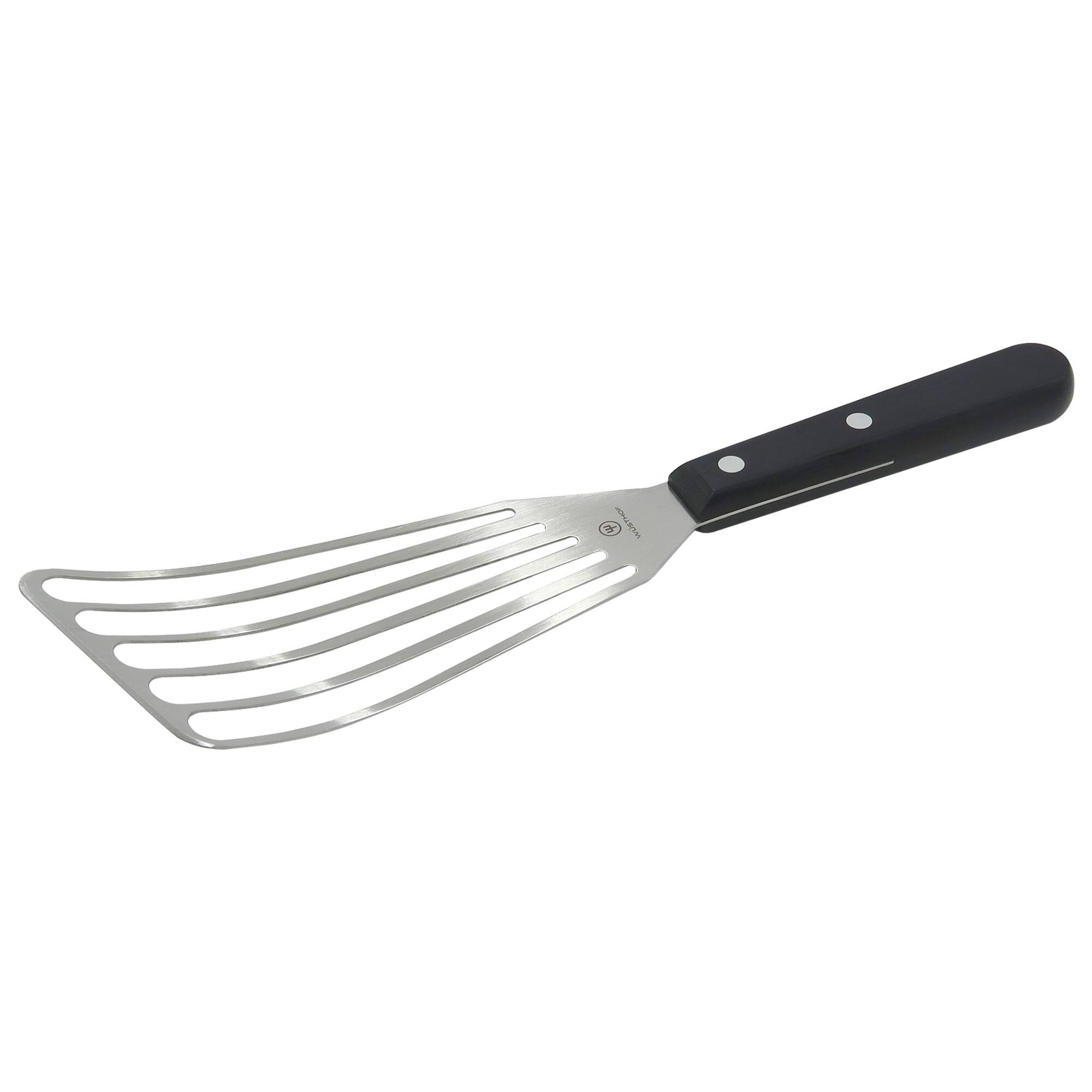 Angle. Wusthof - Wusthof Gourmet 6 1/2” Slotted Fish Spatula #9035092117 - Silver.