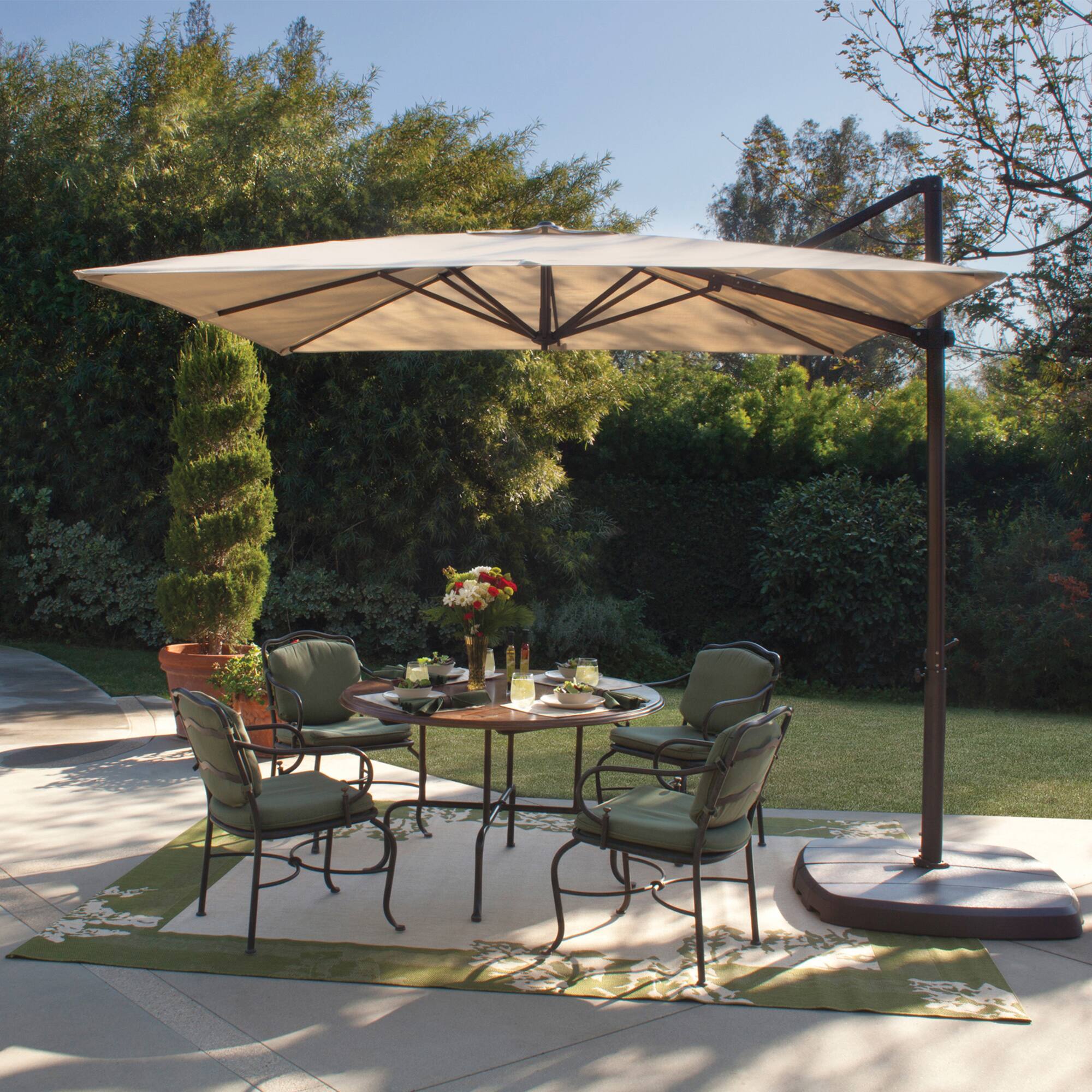 Left. Mondawe - 8.6' Square Cantilever Patio Umbrella Bronze Frame with Cross Bar Stand - Beige.