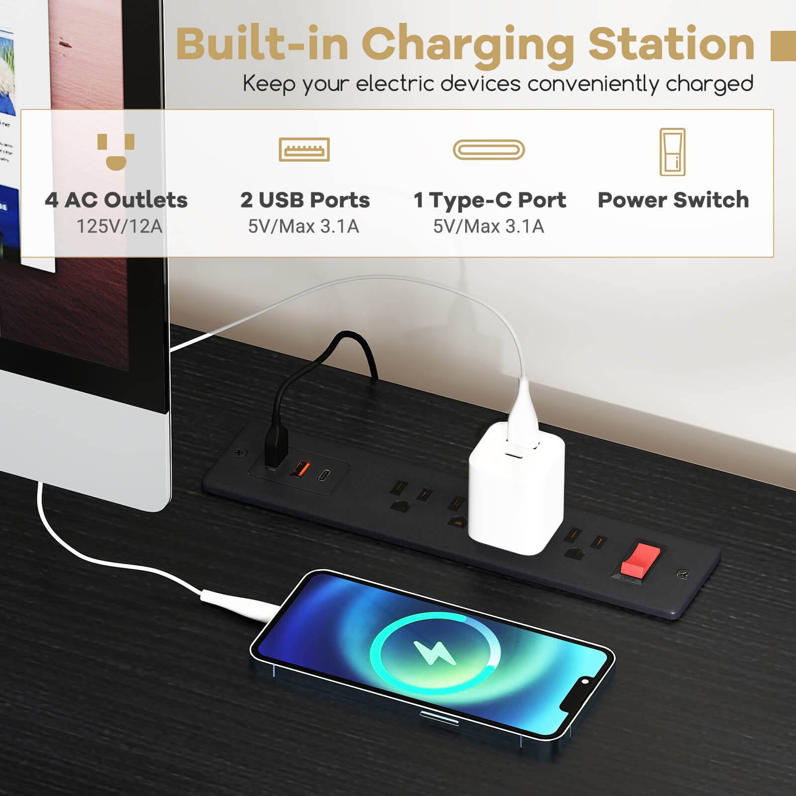Built-in Charging Station  
Keep your electric devices conveniently charged

- 4 AC Outlets  
  125V/12A

- 2 USB Ports  
  5V/Max 3.1A

- 1 Type-C Port  
  5V/Max 3.1A

- Power Switch