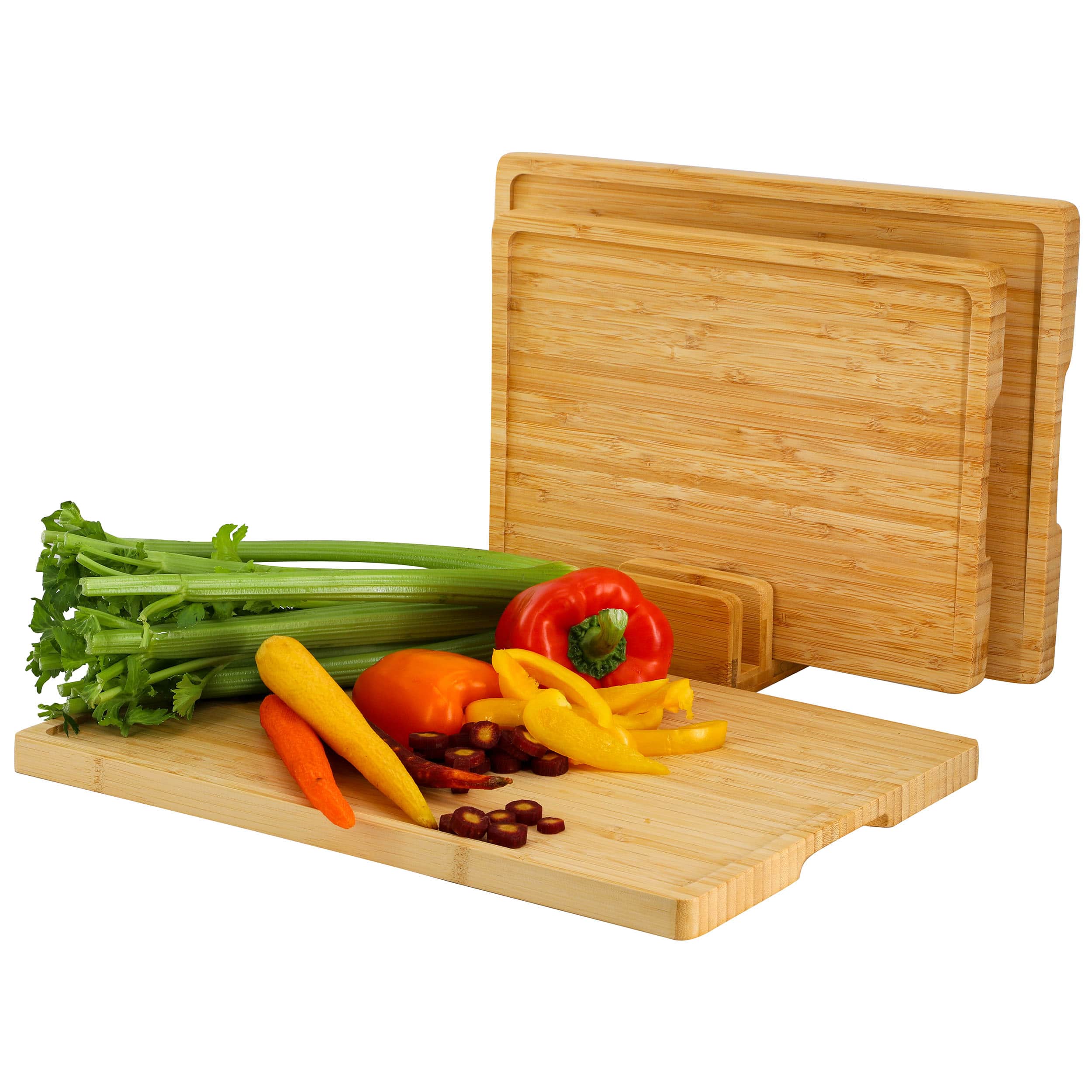 MegaChef - 3 Piece Natural Bamboo Cutting Board Set with Base - Brown