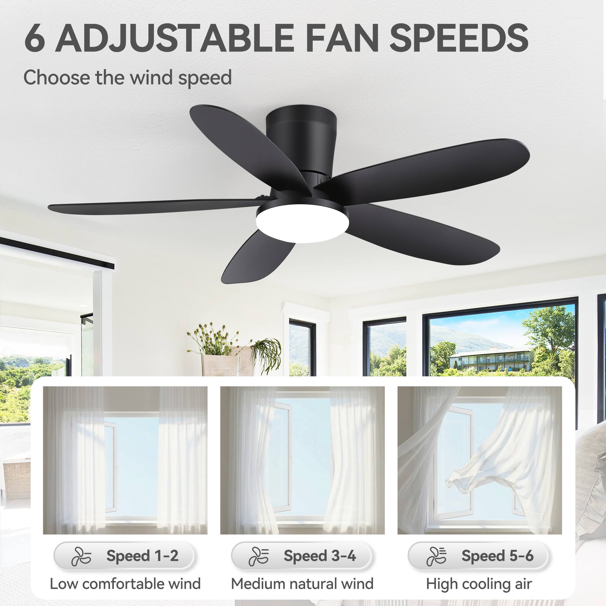 6 Adjustable Fan Speeds  
Choose the wind speed  

Speed 1-2: Low comfortable wind  
Speed 3-4: Medium natural wind  
Speed 5-6: High cooling air