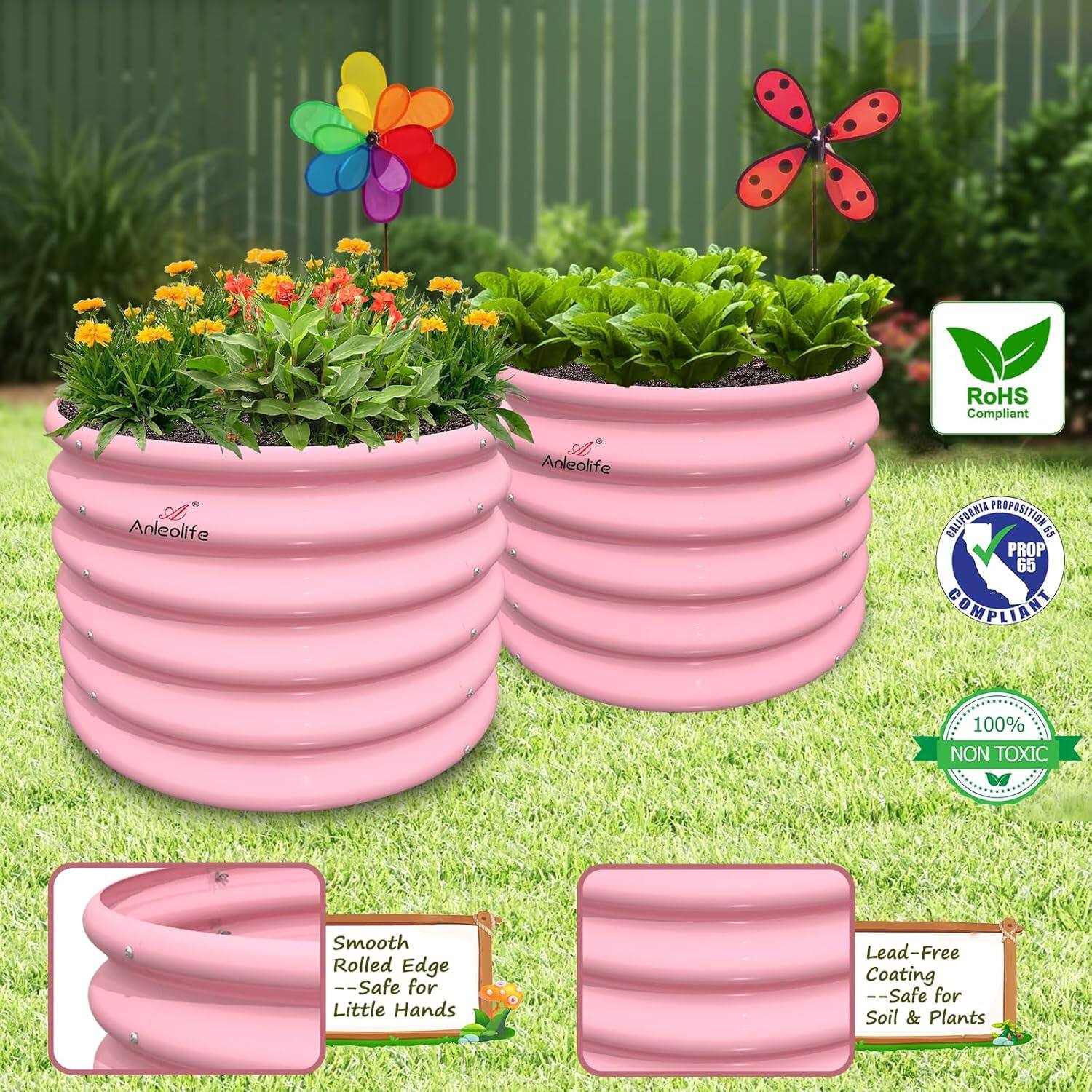 - RoHS Compliant
- California Proposition 65 (Prop 65) Compliant
- 100% Non-Toxic
- Smooth Rolled Edge -- Safe for Little Hands
- Lead-Free Coating -- Safe for Soil & Plants