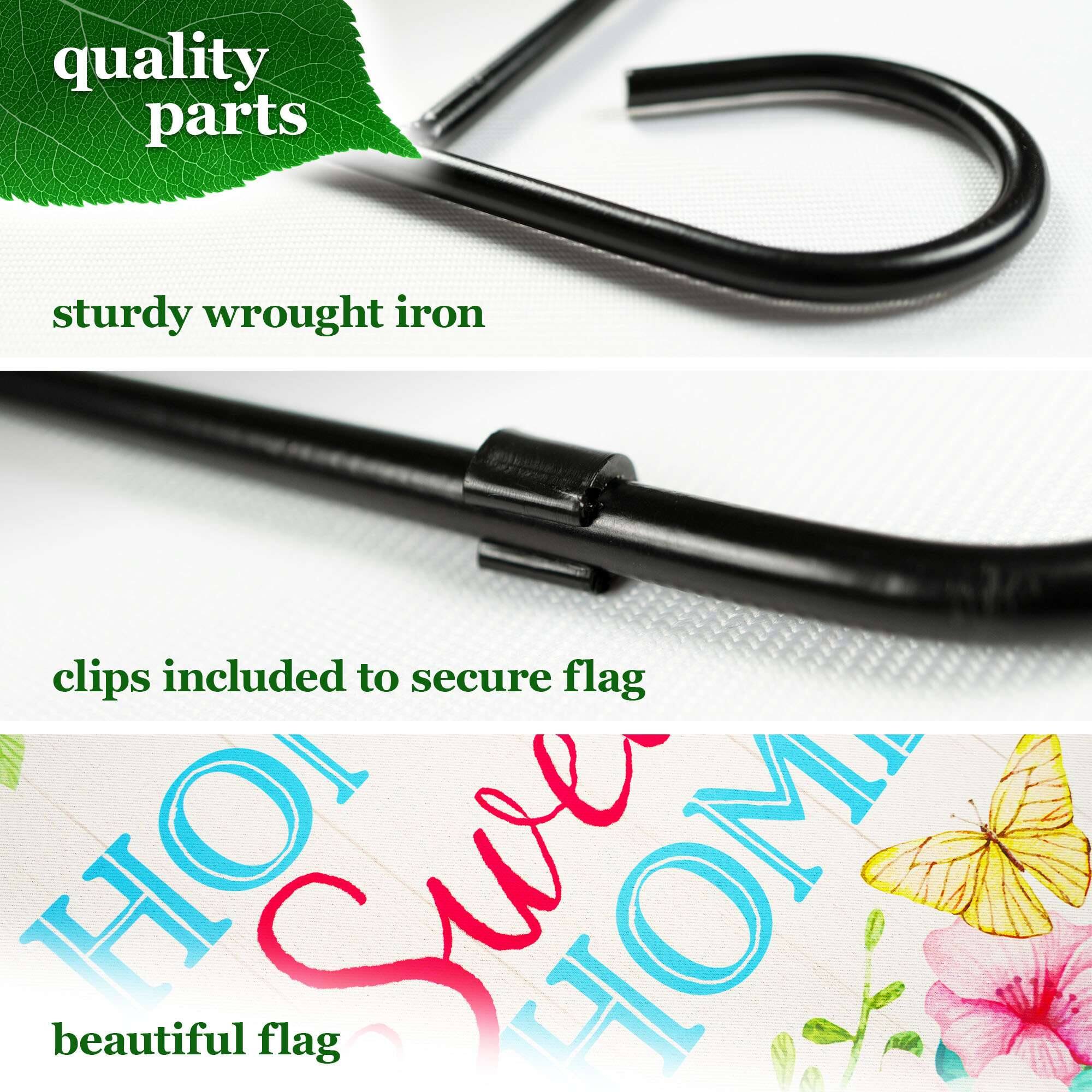 quality parts  
sturdy wrought iron  
clips included to secure flag  
beautiful flag
