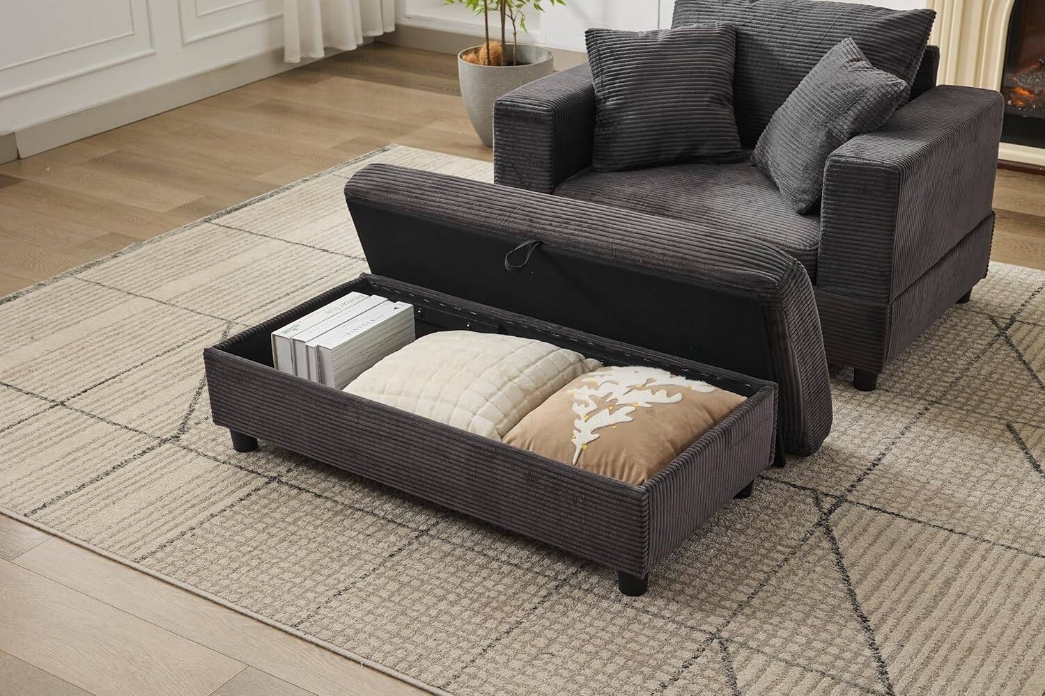 Alt View 5. Trinkets Crazed - Chaise Lounge Chair Indoor, Oversized Corduroy Upholstered Sofa Bed With Removable Storage Ottoman - dark gray.