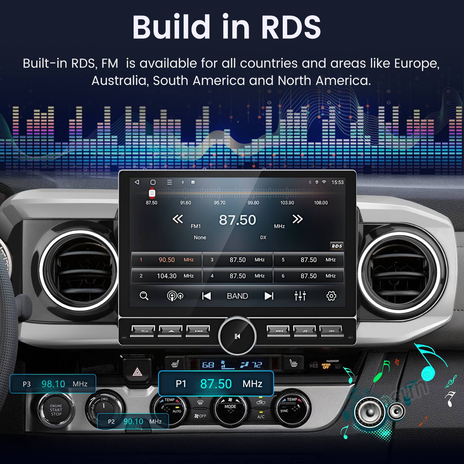 Build in RDS

Built-in RDS, FM is available for all countries and areas like Europe, Australia, South America and North America.