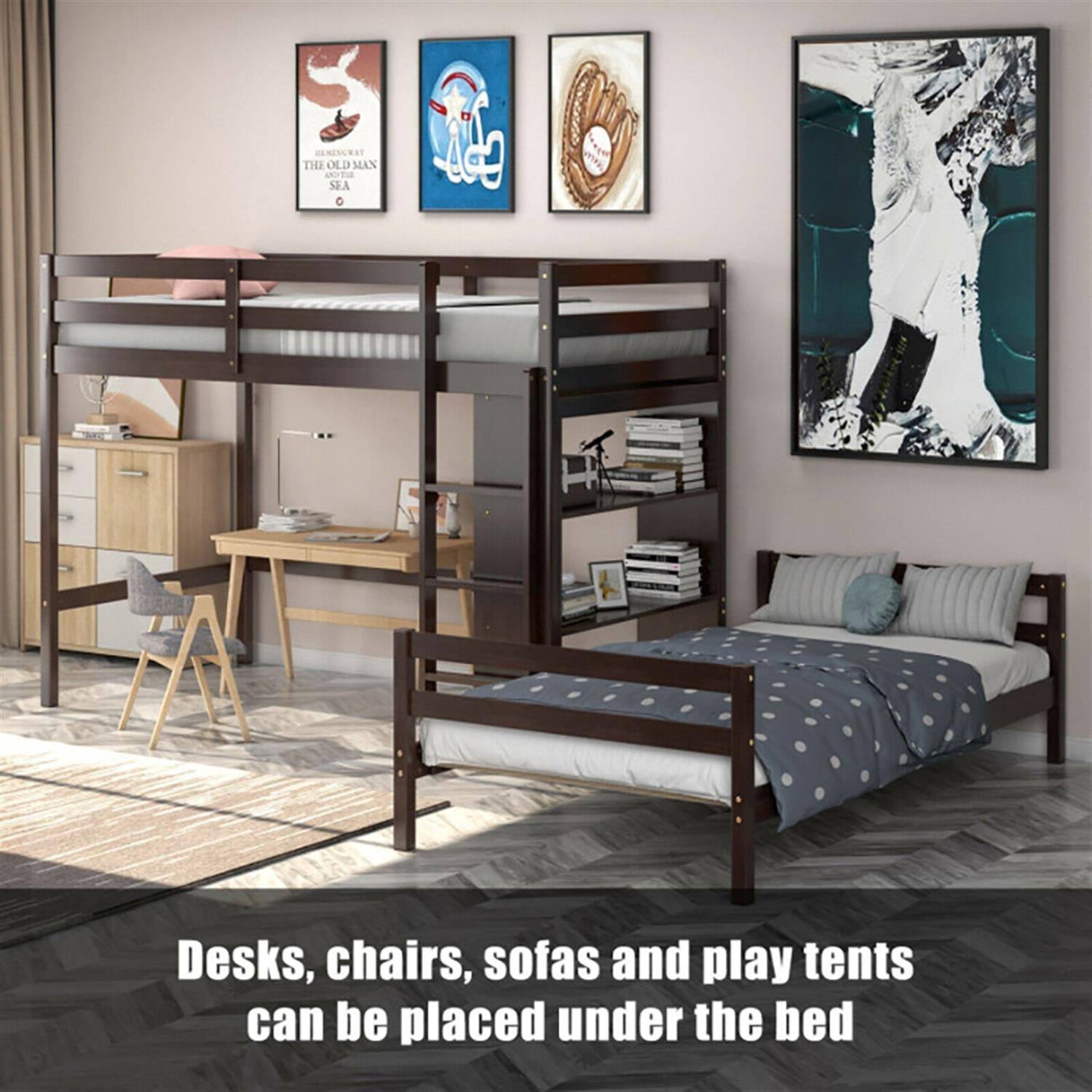 Desks, chairs, sofas and play tents can be placed under the bed