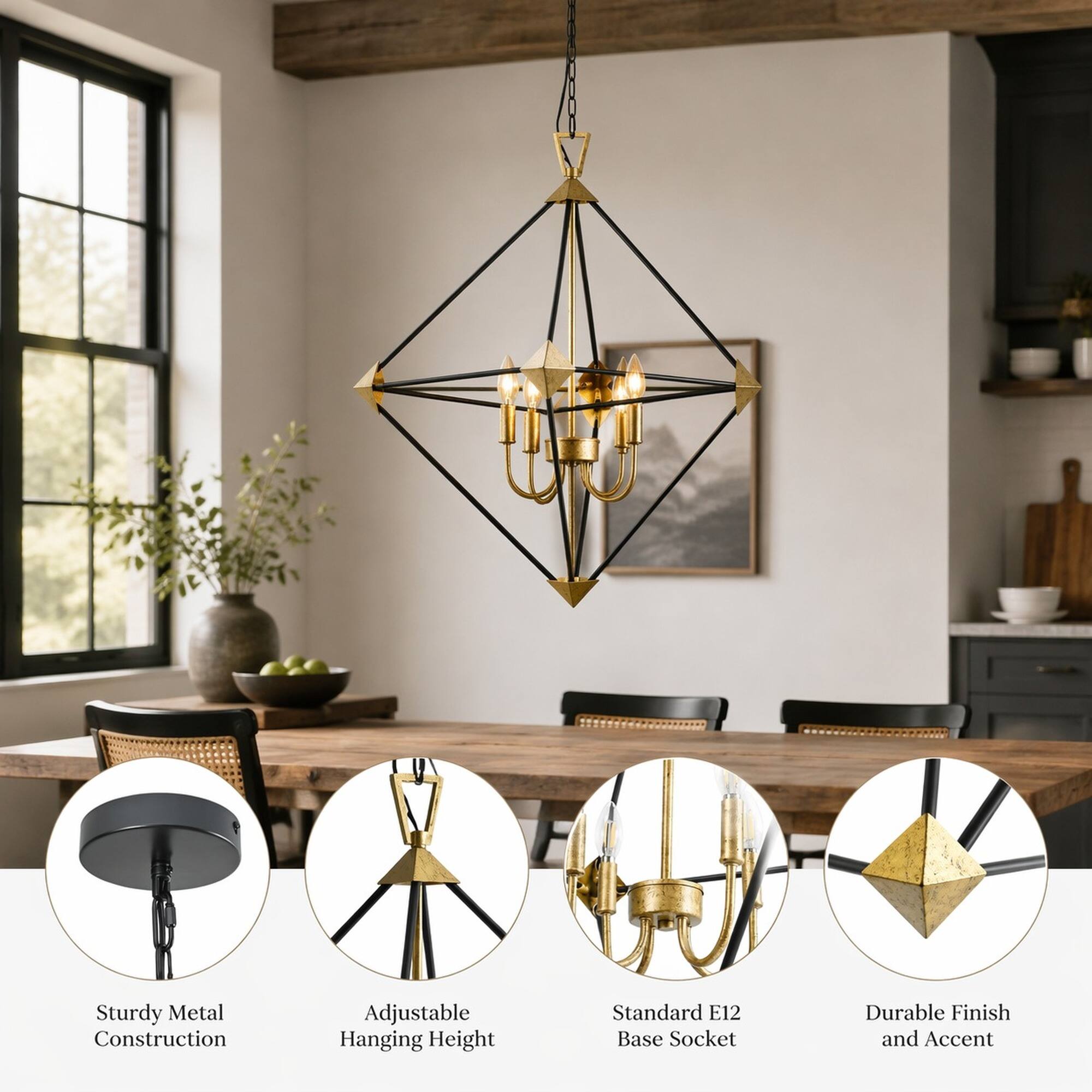 Sturdy Metal Construction  
Adjustable Hanging Height  
Standard E12 Base Socket  
Durable Finish and Accent