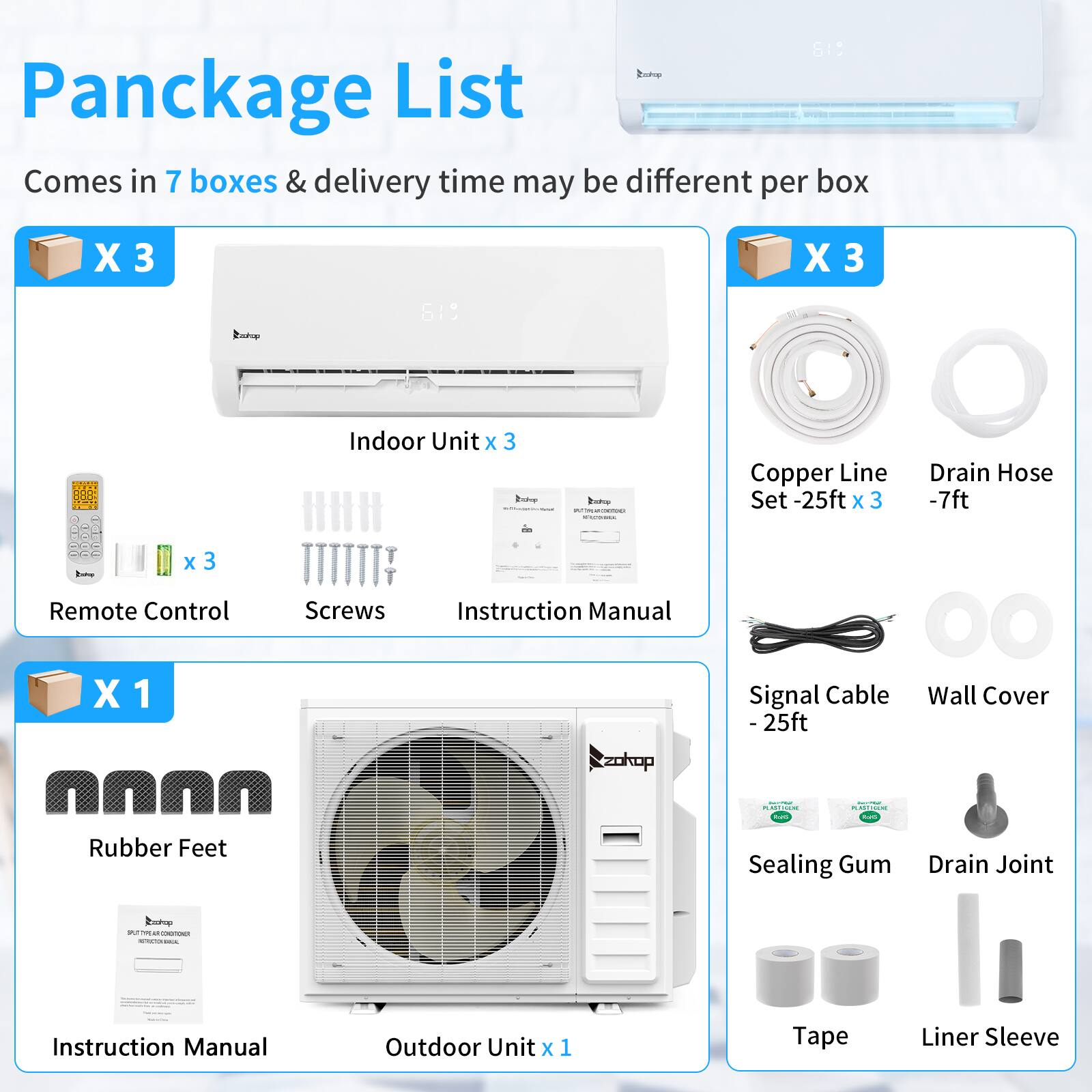 Pancake List  
Comes in 7 boxes & delivery time may be different per box  

X 3  
Indoor Unit x 3  
Remote Control x 3  
Screws x 3  
Instruction Manual x 3  

X 3  
Copper Line Set -25ft x 3  
Drain Hose -7ft  
Signal Cable -25ft  
Wall Cover  

X 1  
Rubber Feet  
Instruction Manual  
Outdoor Unit x 1  
Sealing Gum  
Drain Joint  
Tape  
Liner Sleeve