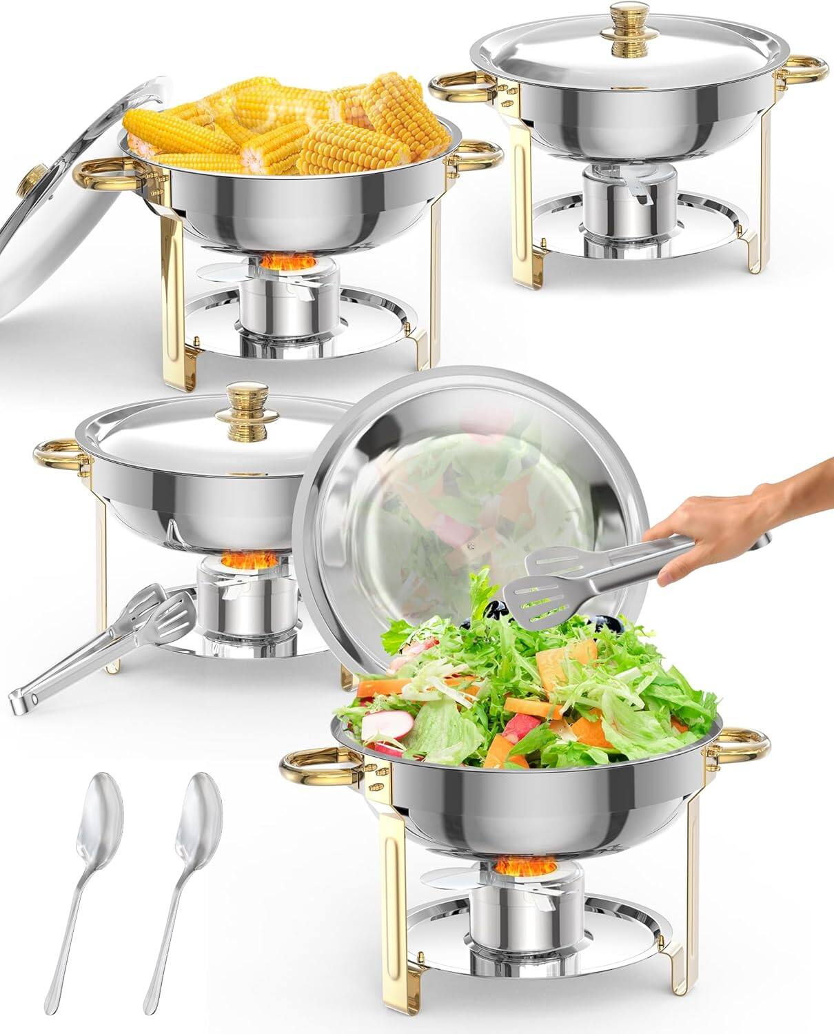 Front. GARVEE - 5QT 4 Packs Chafing Dish Buffet Set, NSF Round Stainless Steel Chafers and Warmers Food Servers Sets, Gold - Gold.
