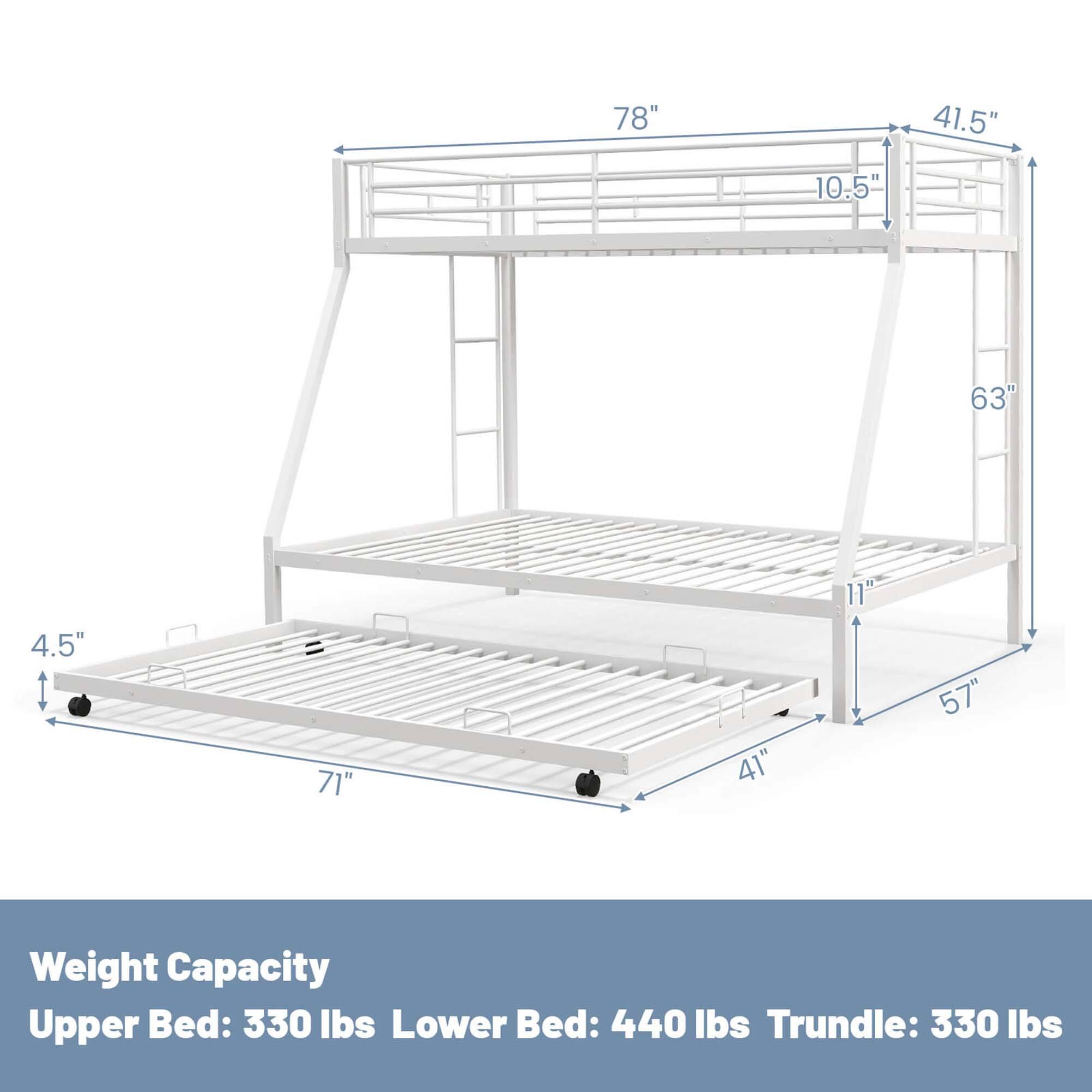 The text on the image reads: "Weight Capacity: Upper Bed: 330 lbs, Lower Bed: 440 lbs, Trundle: 330 lbs."